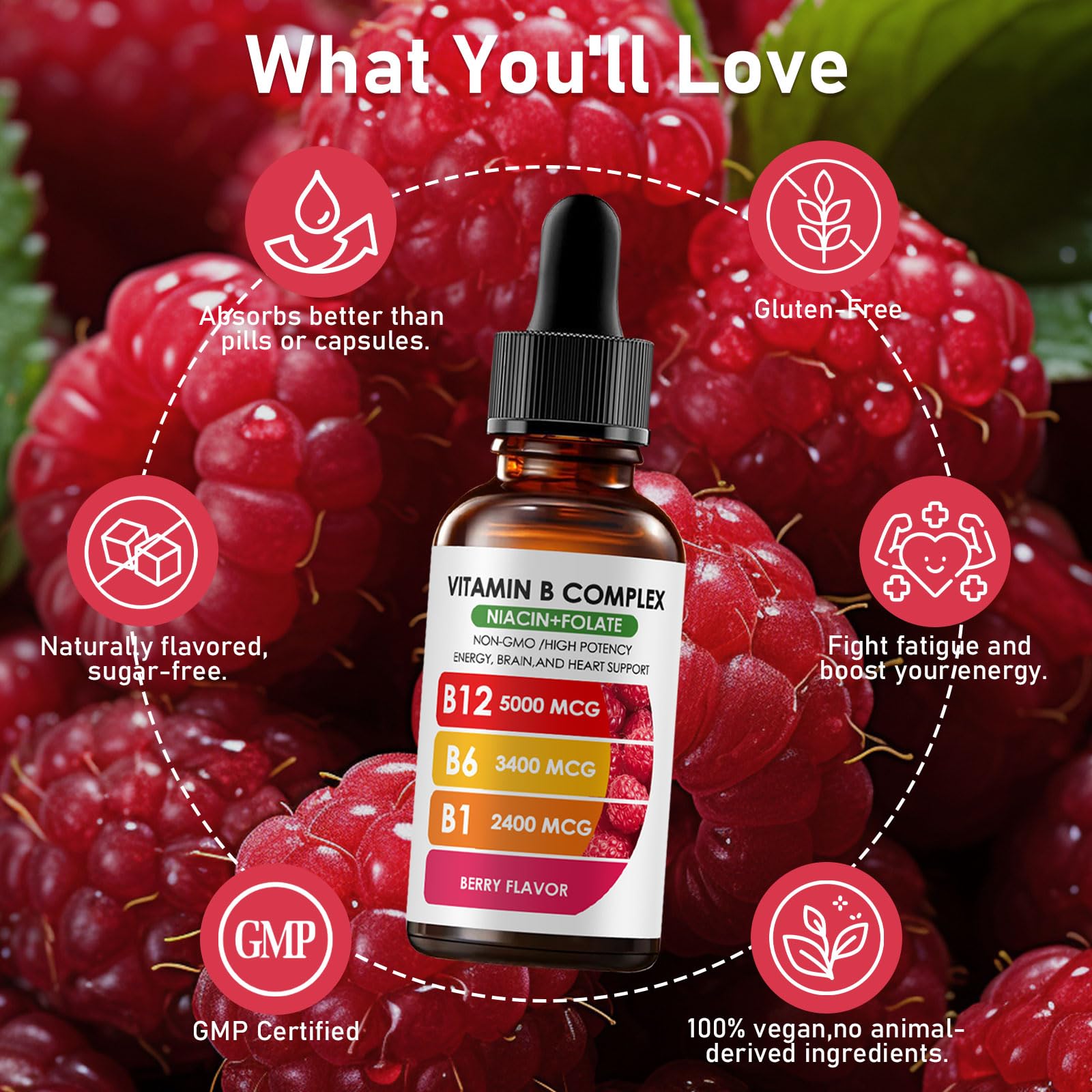 Vitamin B12 Complex with B1, B6, Vitamin B12 Raspberry Liquid Supplement, Essential Vitamin 5-in-1 Vitamin B Complex Liquid Drops, Brain Function, Focus, and Natural Energy Support (2PCS) — Amazon image 5