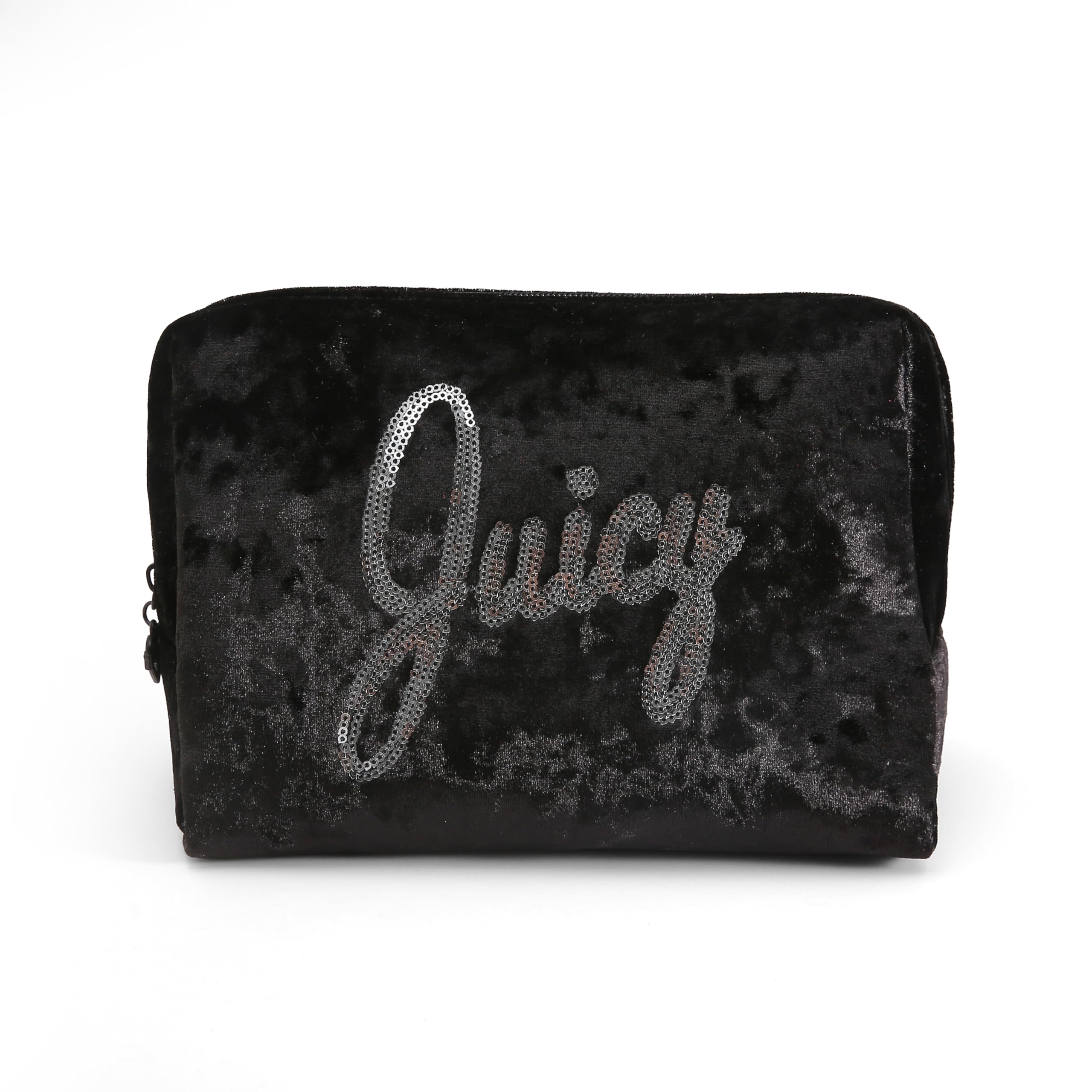 Juicy Couture Black Makeup Bag Cosmetics Organizer Travel Essentials Zip Top Wedge Crushed Velvet Sequin Logo