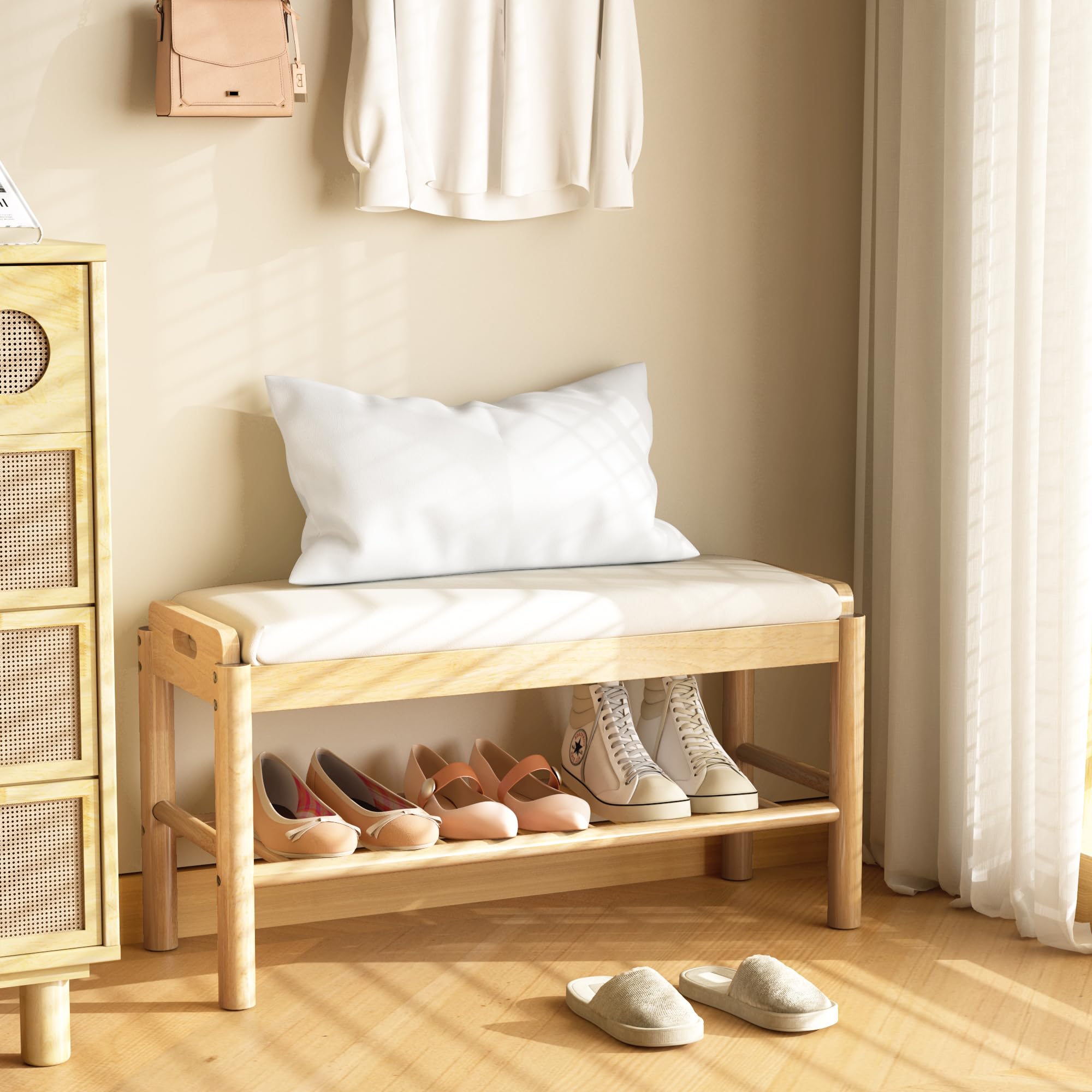 ENPKLUTE Shoe Storage Bench with Cushion - 2 Tier Shoe Rack for Front Door Entrance, Wood Shoes Rack, Entryway Bench with Shoes Storage for Closet,