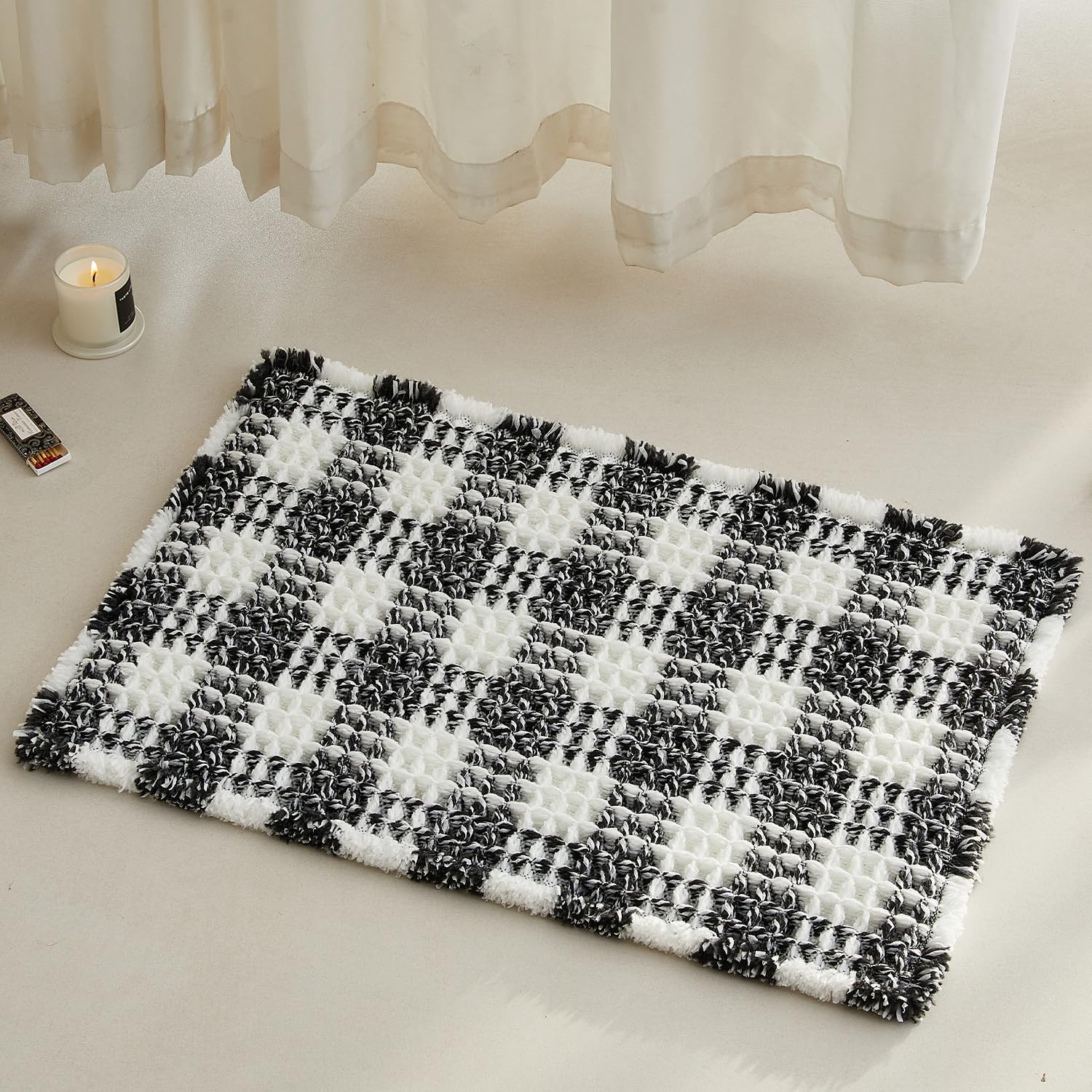 TYUU Waffle Bath Mat, Boho Bathroom Rugs Non Slip Washable Absorbent Checkered Bathroom Mat Quick Dry Farmhouse Bathroom Decor, 24"x16" Black and