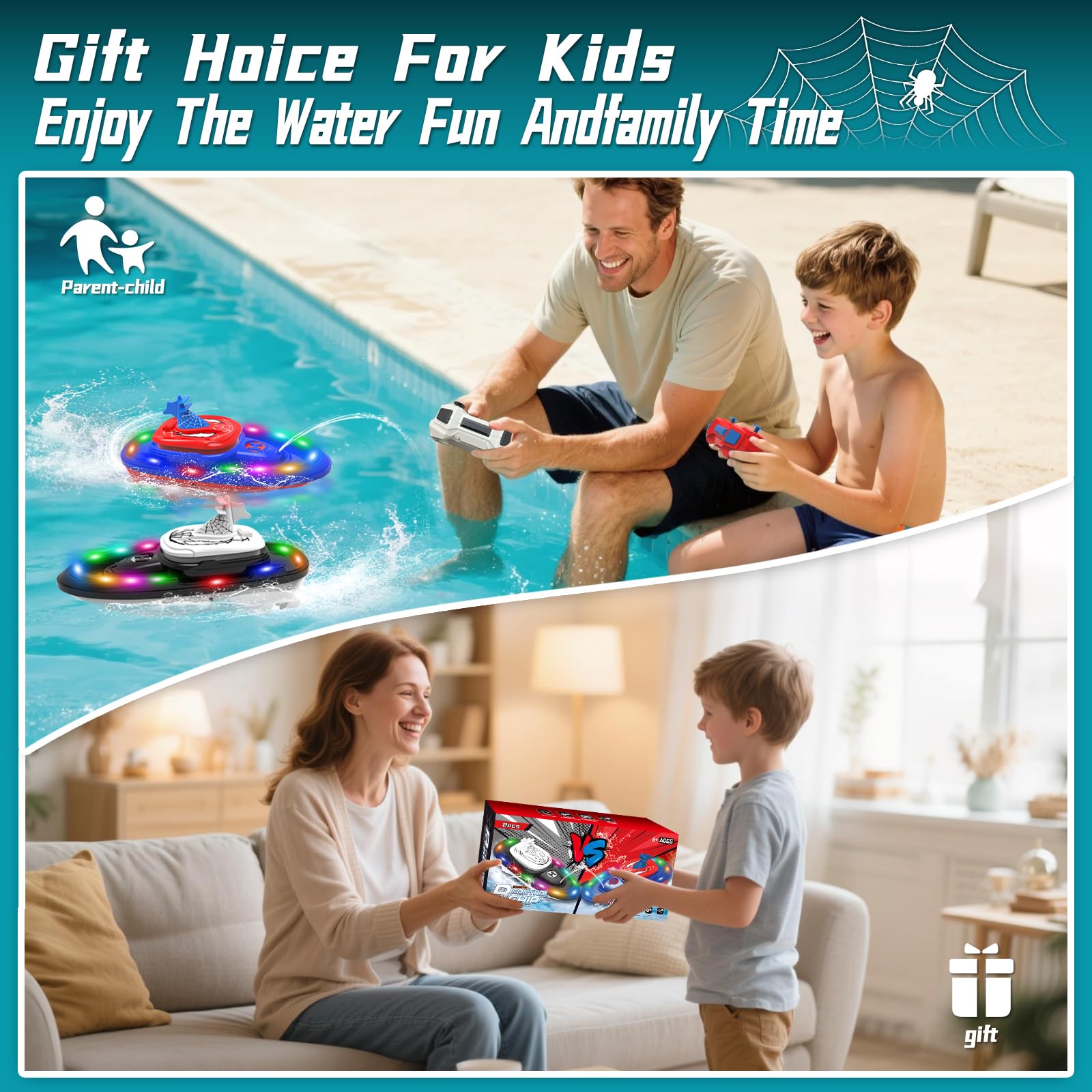 RC Battle Boat 2-Pack with Water Spray, Remote Control Boat Toys Dual Combat Modes, LED Lights - for Pools, Lakes, Outdoor Fun - Gift for Boys, Kids, Adults