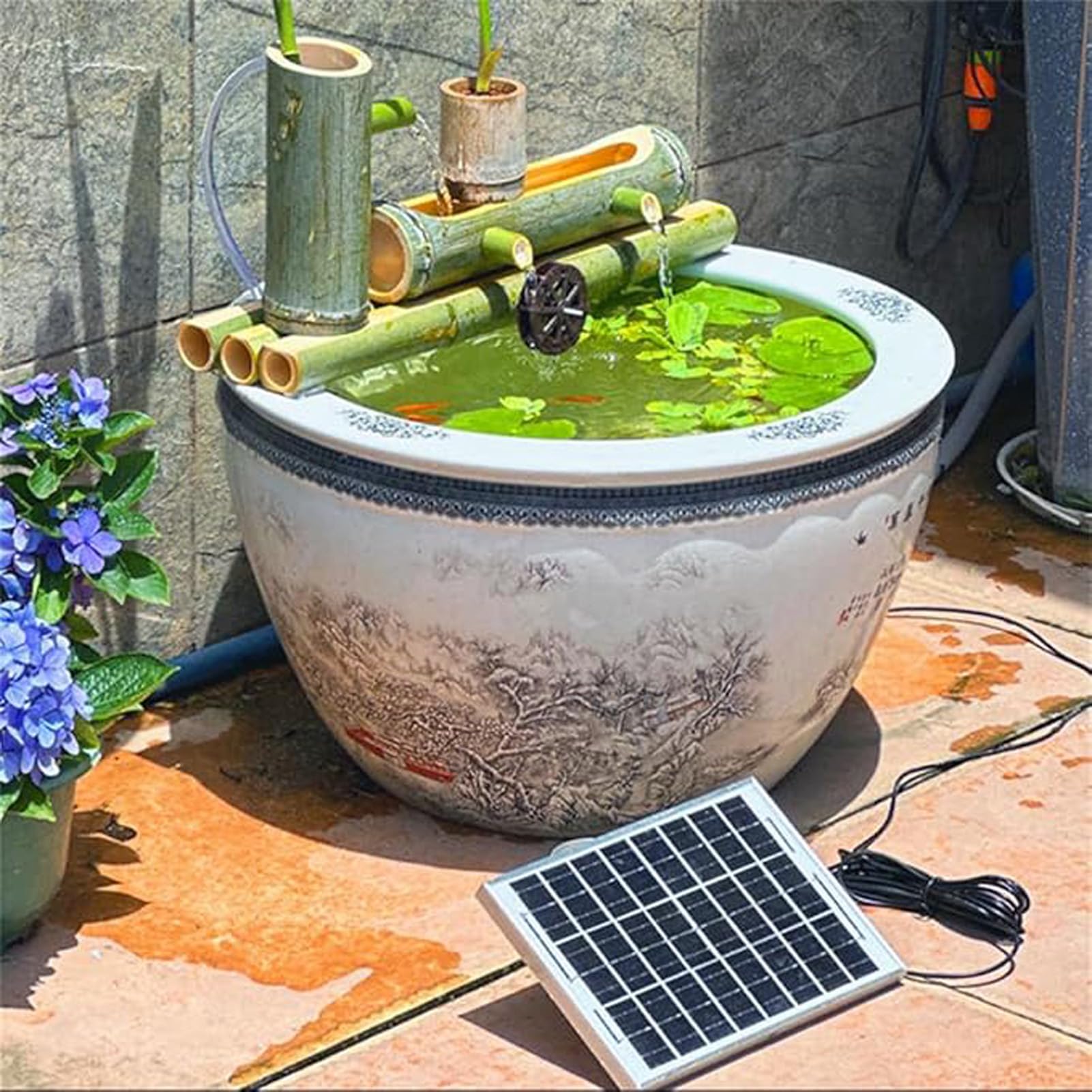Kit Fontana in bambù Naturale, Elemento d'Acqua autoportante con Pompa Solare, Fontana da Giardino Zen, Decorazione acquatica per Esterni, con Ruota idraulica, per laghetto e Acquario.