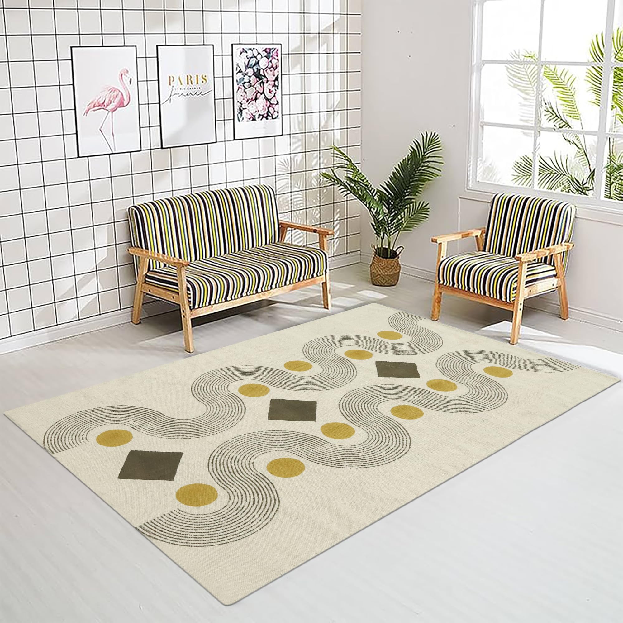 Tappeto Kilim in cotone stampato a mano da 1,8 m, quadrato, lavabile 0,5 cm, lavabile a mano, tessuto piatto, beige e giallo, geometrico, per interni ed esterni, per sala da pranzo, sala da
