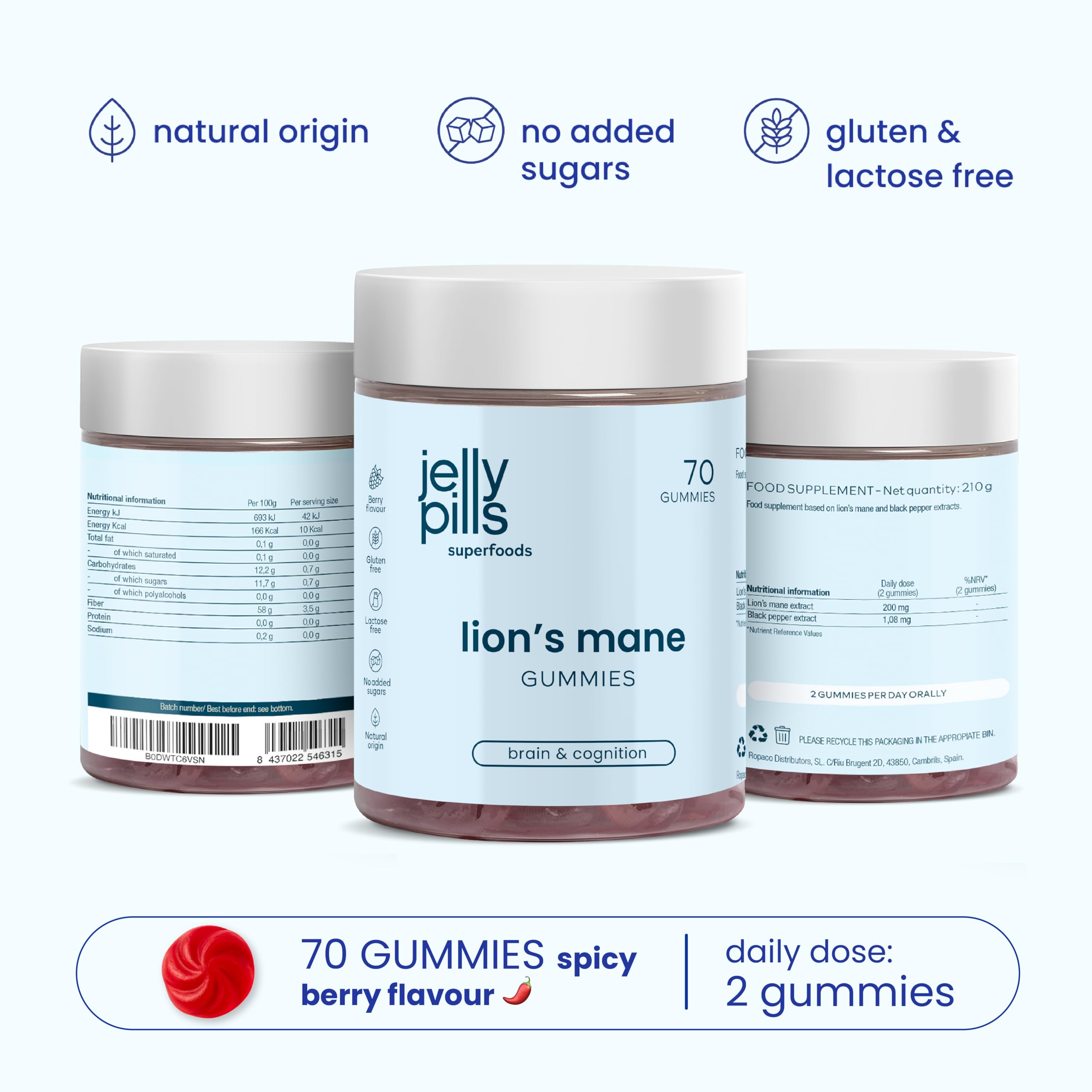 Jelly Pills Pack Energia, Concentrazione & Benessere Quotidiano – Magnesio 180 mg + Omega 3 Vegano DHA + Melena di Leone – 70 + 70 + 70 Gummies Vegane – Senza Zuccheri Aggiunti – Gusto Frutti di Bosco