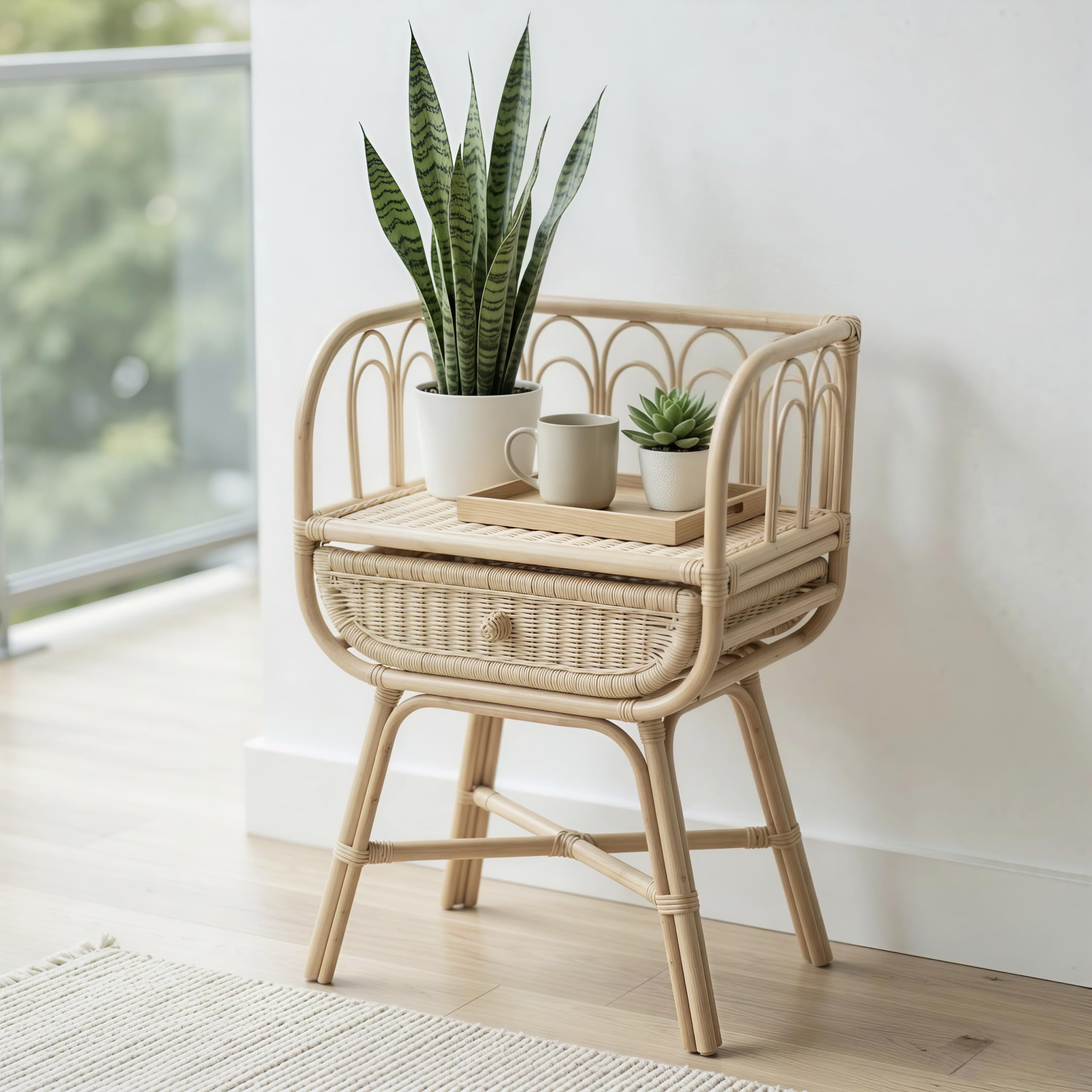 IRA Furniture Handcrafted Rattan Nightstand with Storage Drawer - Vintage Bedside Table for Bedroom - Natural Cane End Table for Living Room - Mid-Century Modern Accent Side Table (Natural Finish)-image-9