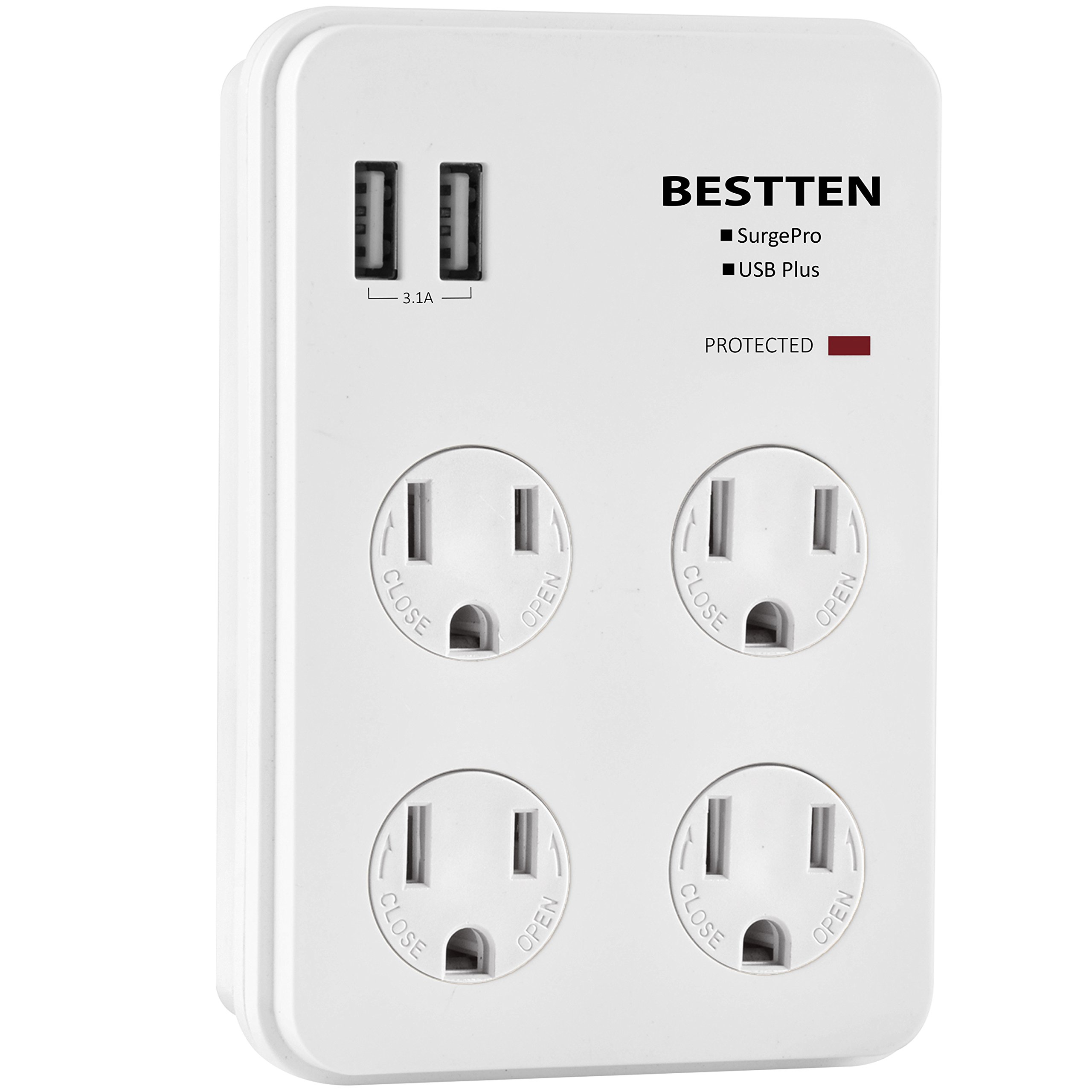 Bestten Wall Outlet Adapter Surge Protector with 2 USB Charging Ports (2.4A/Port, 3.1A Total), 4 Electrical Outlet MultiPliers with Safety Covers, Etl Certified