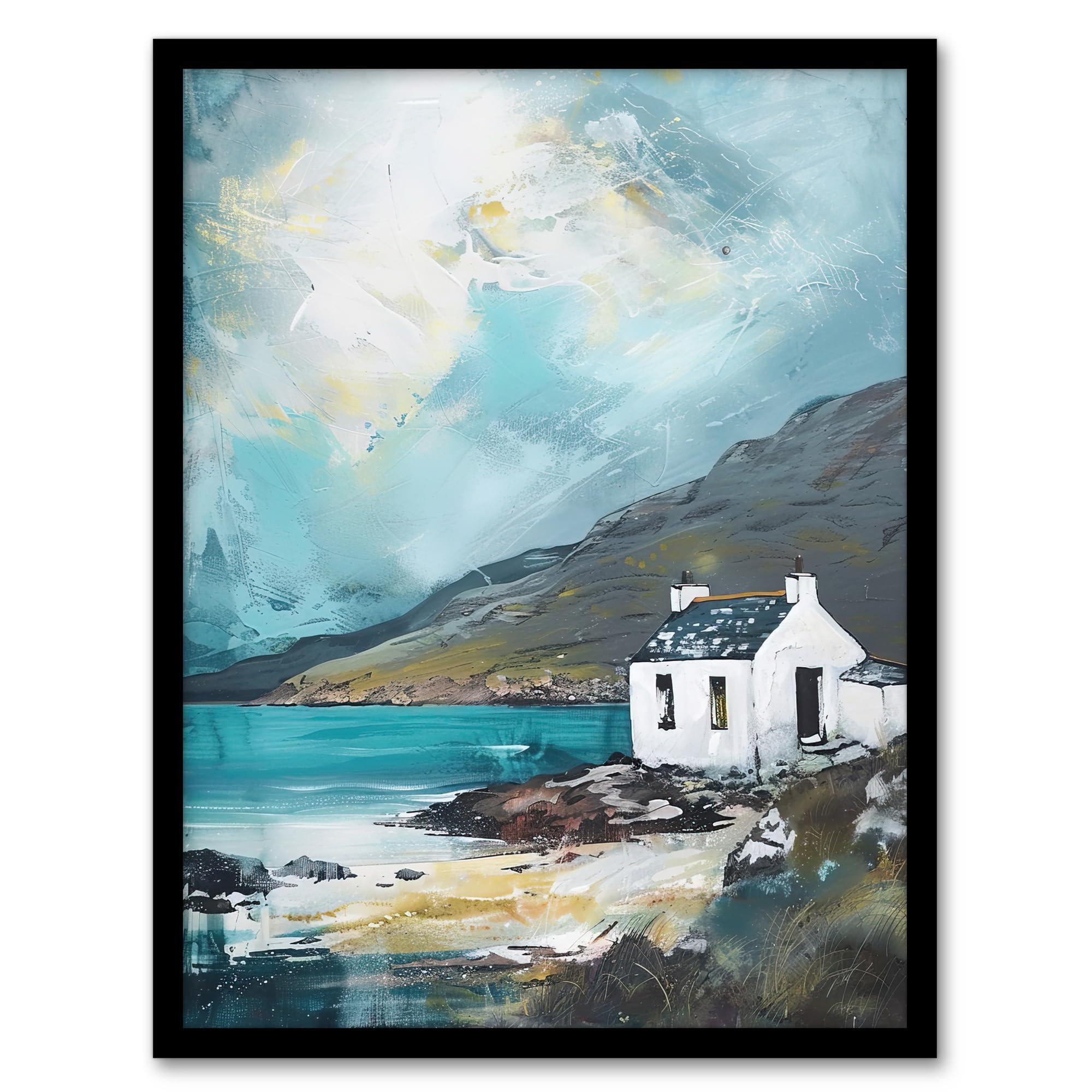 Artery8 White Scottish Cottage Loch Hills Oil Painting Living Room Artwork Framed Wall Art Print A4