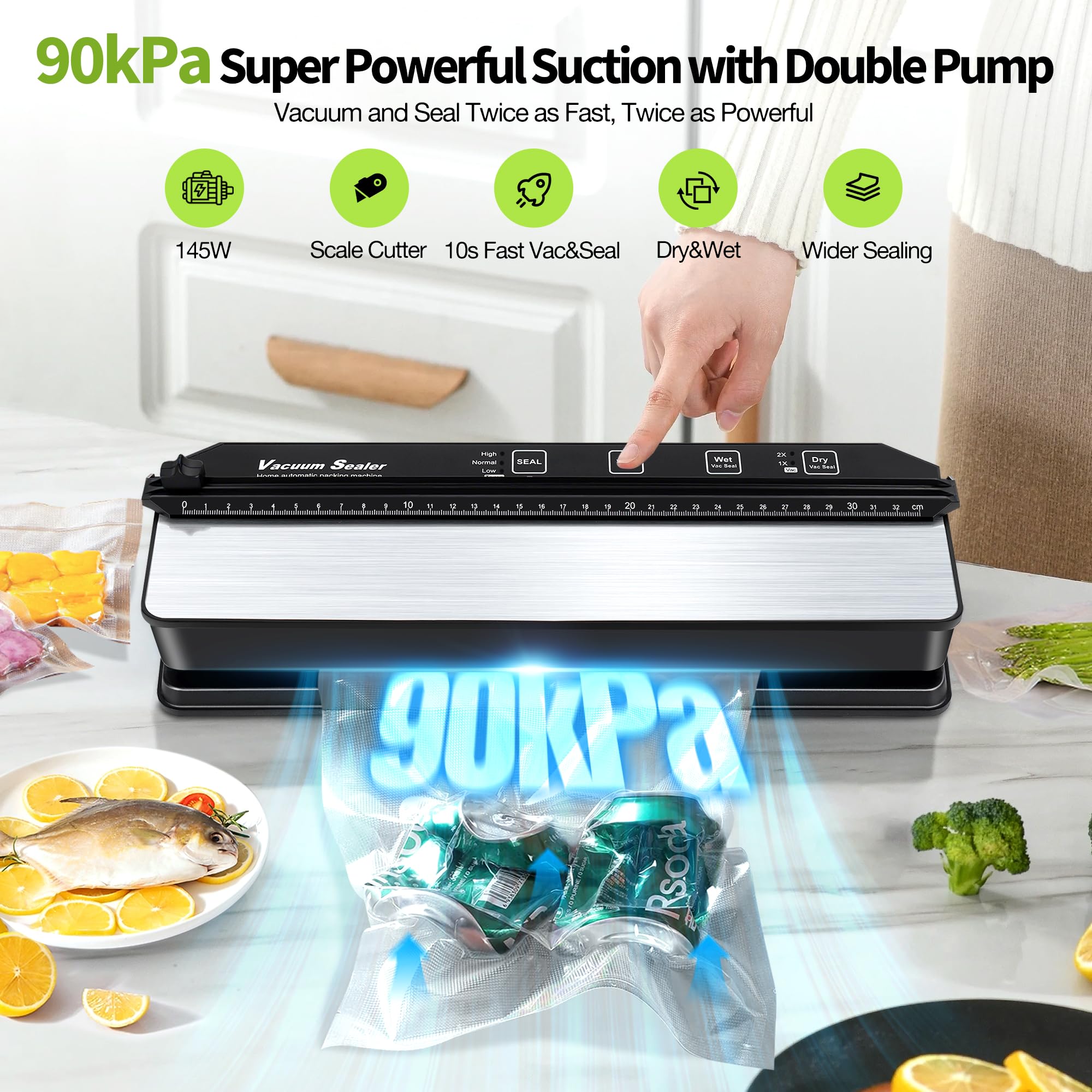 DeeprBetter Domestica Envasadora al Vacío Alimentos, 90kPa con Doble Bomba | Embasadoras Vacio Alimentos Secos&Húmedos, Todo en 1 Maquina Envasar al Vacio Alimentos con 13mm Sellado Ampliado, 15 Bolsas
