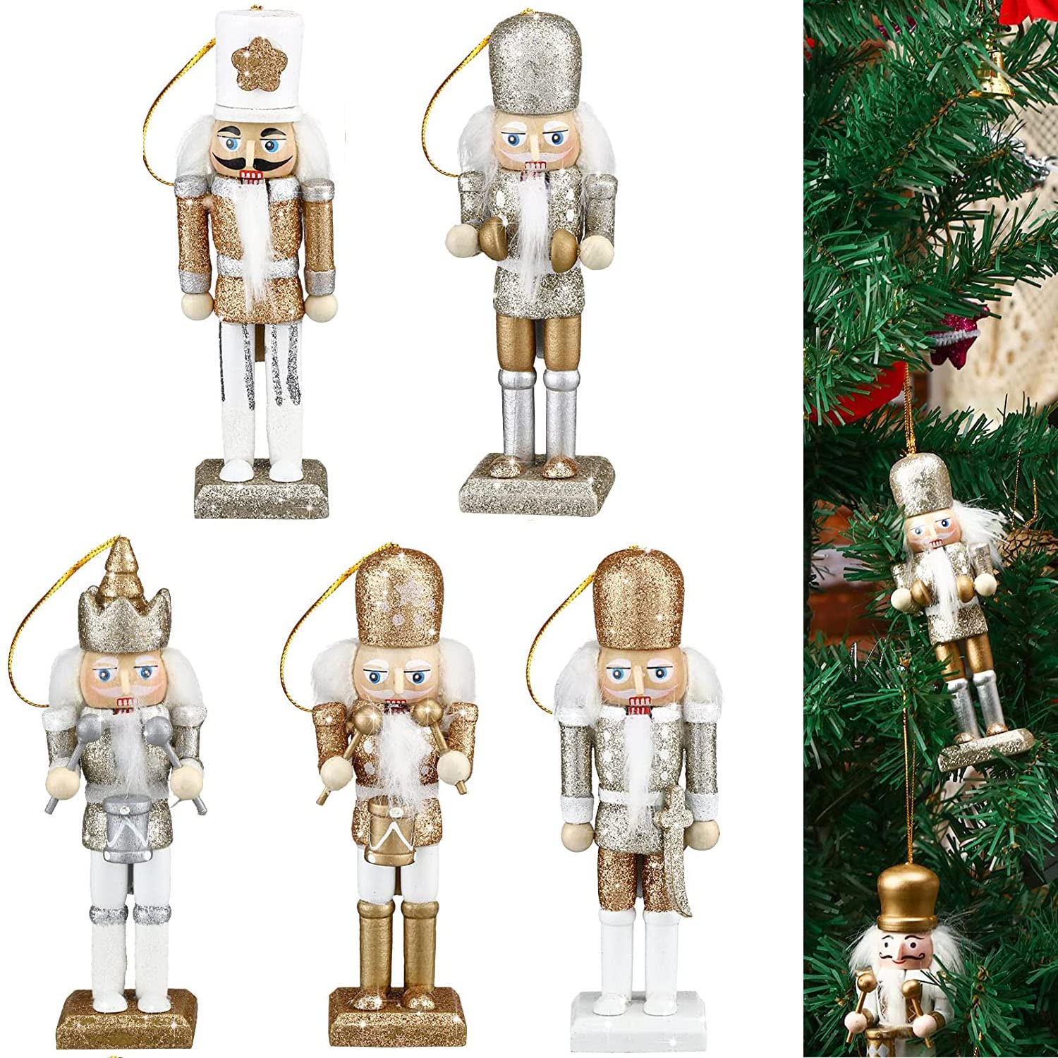 5 Pcs Christmas Nutcracker Ornaments, Wooden Hanging Decorations 5 Inch Tall Figures, Soldiers for Christmas Decorations, Puppet Toy (Gold Series)