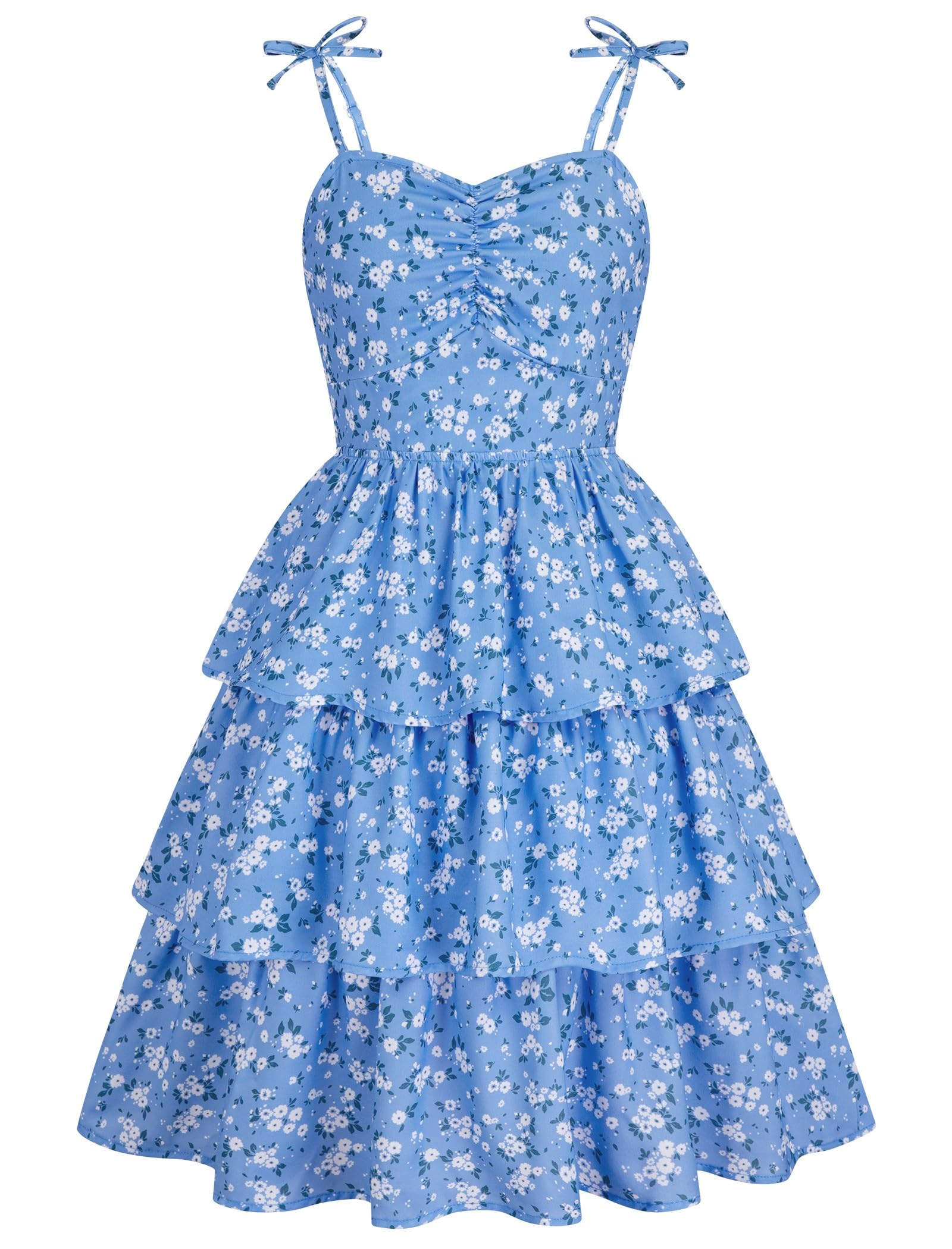 HOZIY Girls Summer Dress Teen Spaghetti Strap Ruched Sweetheart Short Dresses Kids Junior Ruffle Tiered Sundresses 7-16 Years 7-8 Years Blue Floral