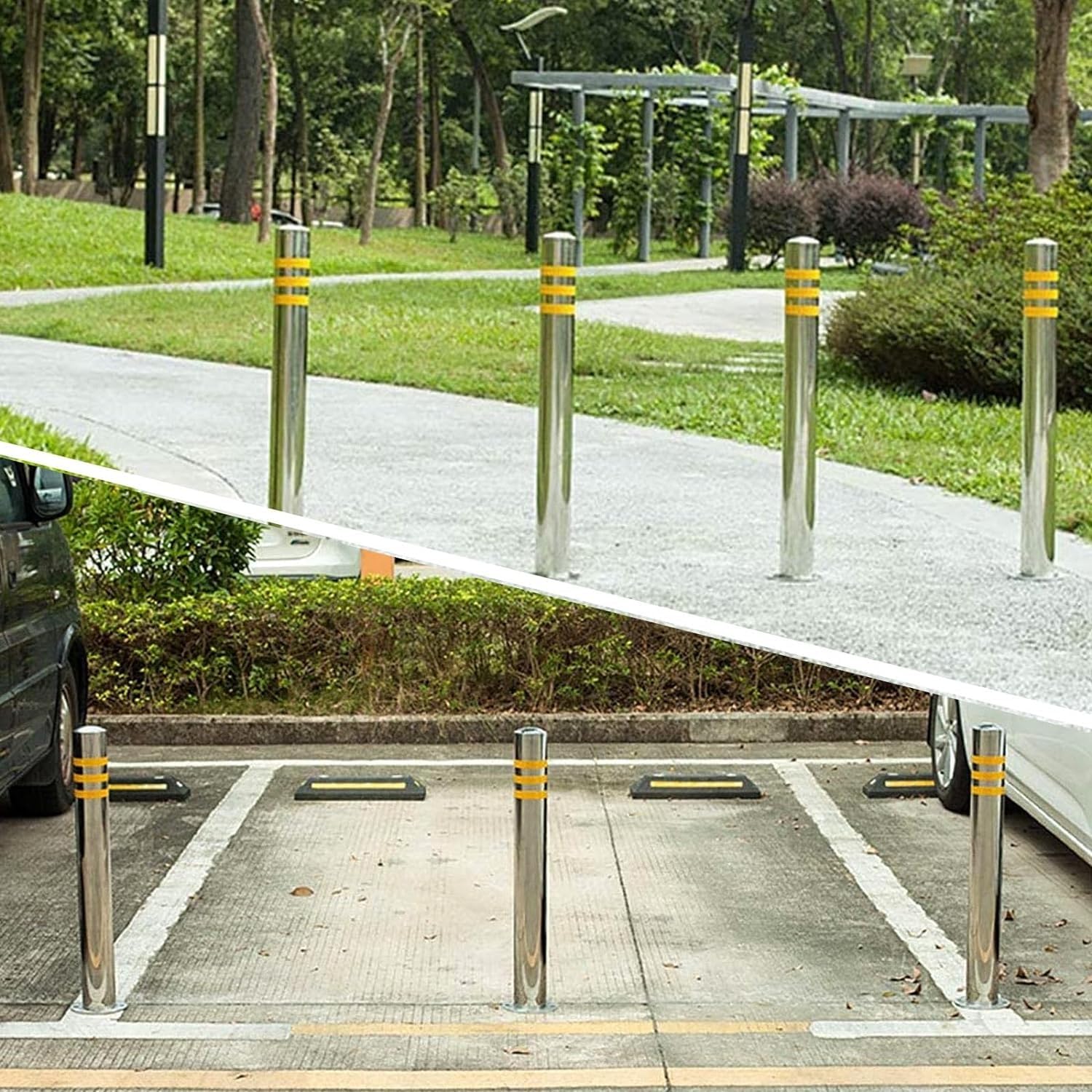 Dissuasore di sosta, dissuasore di sicurezza in acciaio inox per vialetti, palo di parcheggio con nastro adesivo riflettente, dissuasori di sicurezza rimovibili in metallo, dissuasori