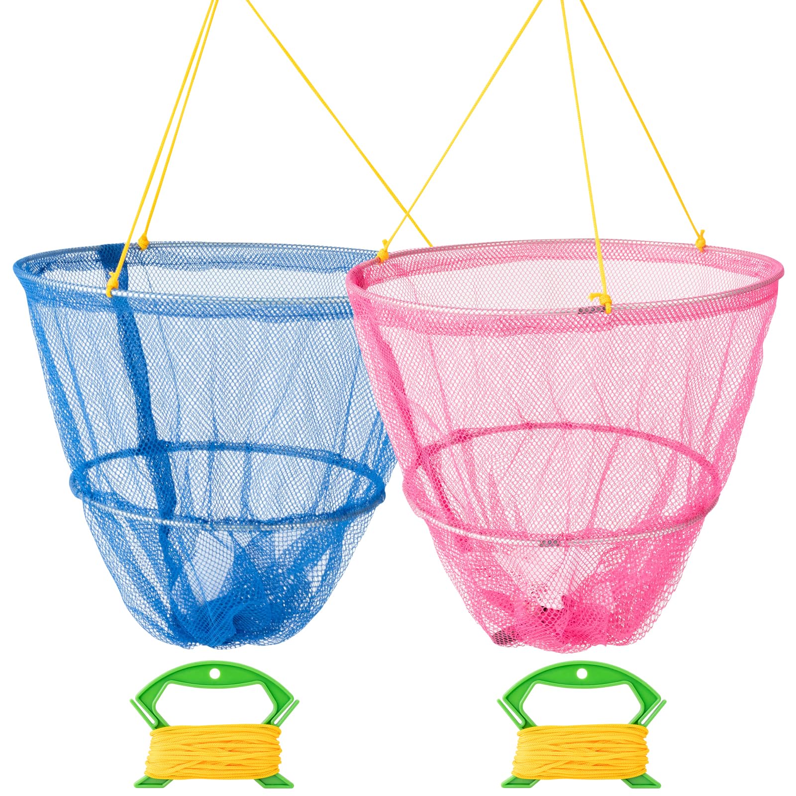 DRERIO 2 Pcs Catch Fishing Crab Net Portable Crab Drop Net with Net Bait Bag, Rope, Line Handle, 11m Line, Durable Nylon Net Crabbing Kit, for Crabbing Catch Fish Prawn Crayfish Lobster (Blue, Pink)