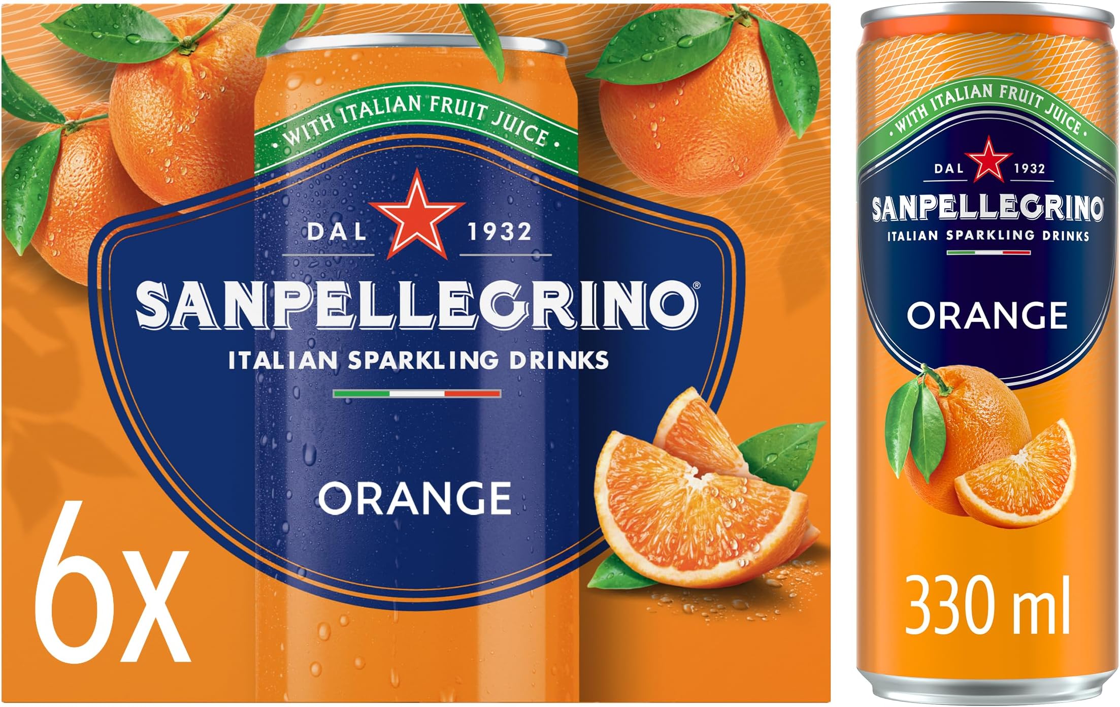 San Pellegrino Italian Sparkling Drinks Tastefully Light Sparkling Orange Canned Soft Drink 6 x 330ml, 64k Cals per Can