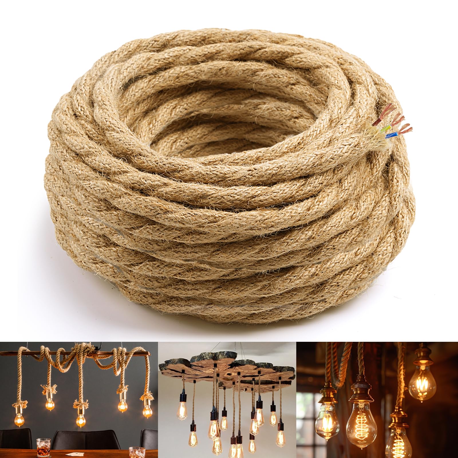 Corde Electrique 3 Noyaux,20 M Fil électrique Tissu Cable Electrique Corde 3 x 0,75mm²Rétro Corde de chanvre tressé torsadée Câble pour Accessoires de Lampe à Suspendre