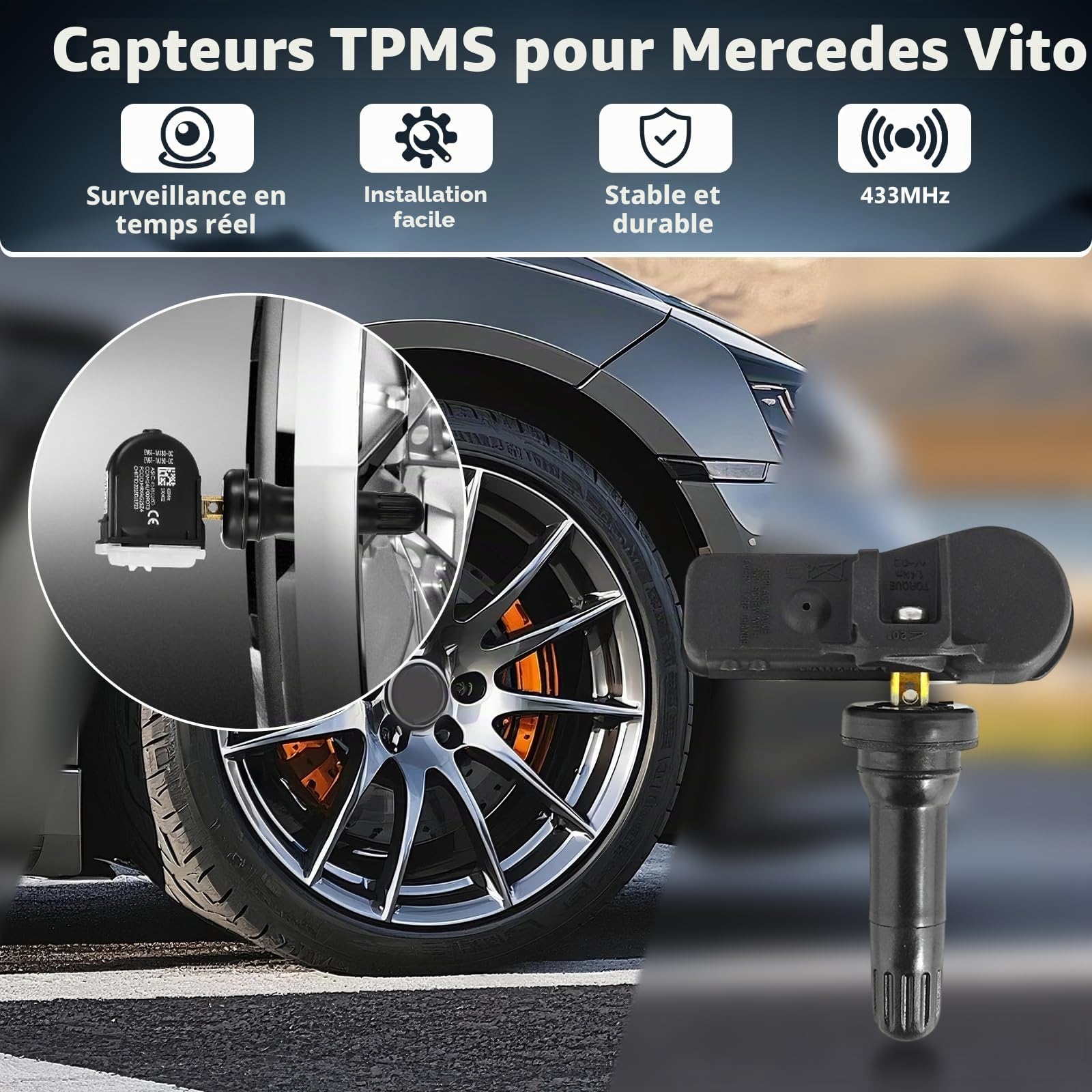 4 Pièces A4479050500 Capteur de Pression des Pneu Compatible avec Mercedes-Benz Marco Polo V-Class W447 Viano W639 Vito EQV Metris, A4479051704, Capteurs Tpms RDKS, Capteurs de la Pression des Pneus