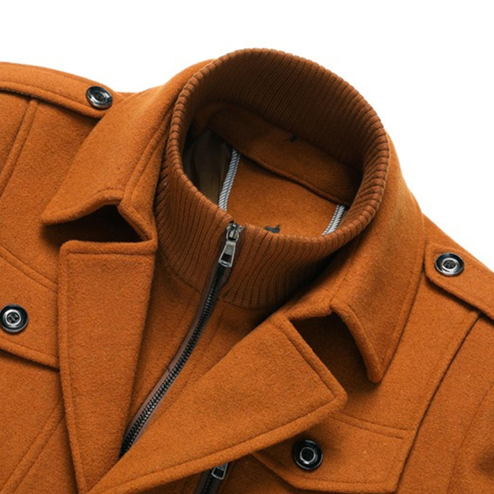 Cappotto invernale classico da uomo in misto lana con collo alto e colletto interno rimovibile