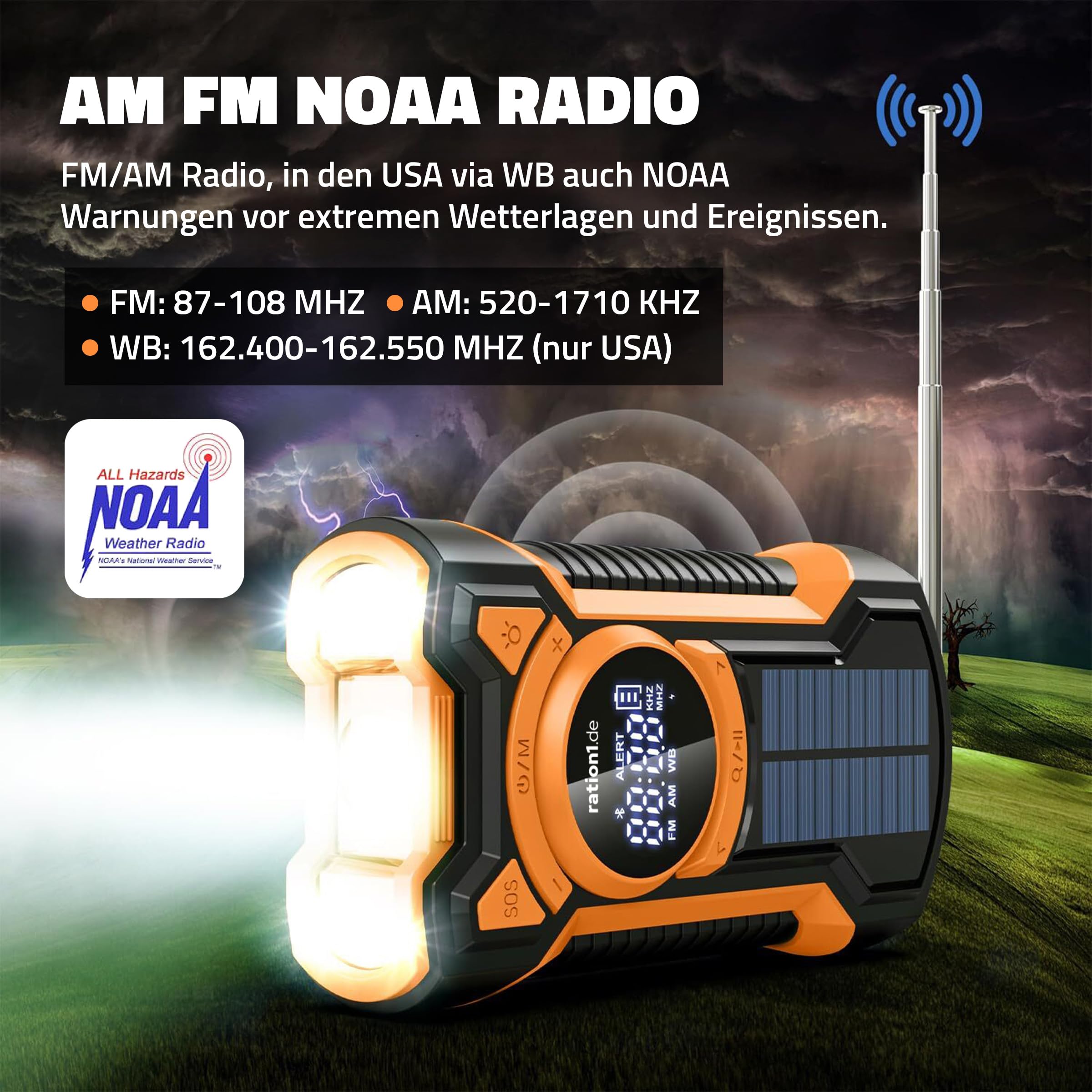 ration1 Kurbelradio mit Solar und Powerbank – Notfallradio mit 5000 mAh, Bluetooth, SOS-Alarm & LED Taschenlampe | AM/FM/WB | IPX5 Spritzwasserfest | Stoß- & Staubgeschützt | Camping Outdoor Blackout