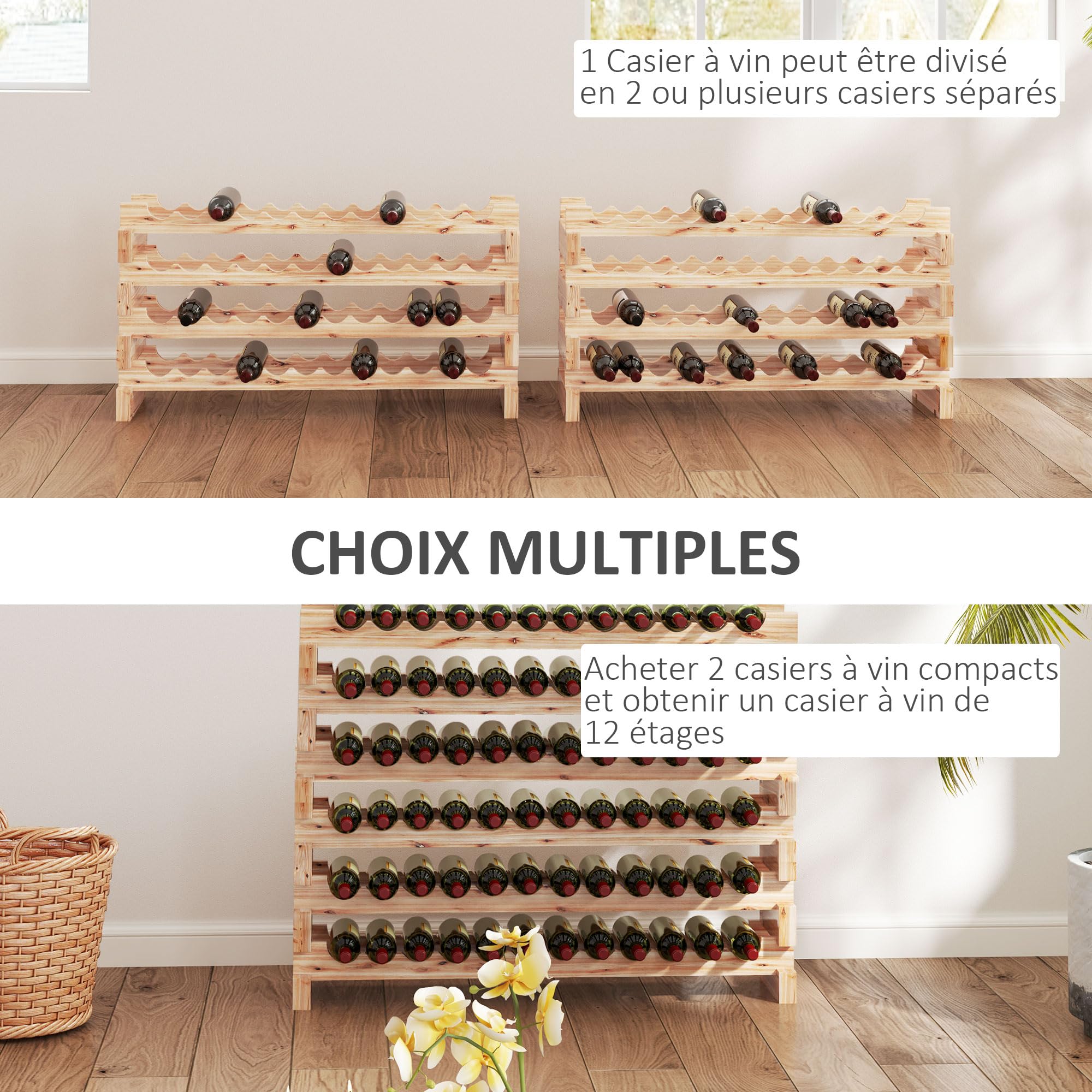 HOMCOM Botellero para 96 botellas, botellero con 8 niveles, modular y apilable, botellero de abeto macizo, para bodegas, bares, sótanos, 114×28×113,5cm, madera natural