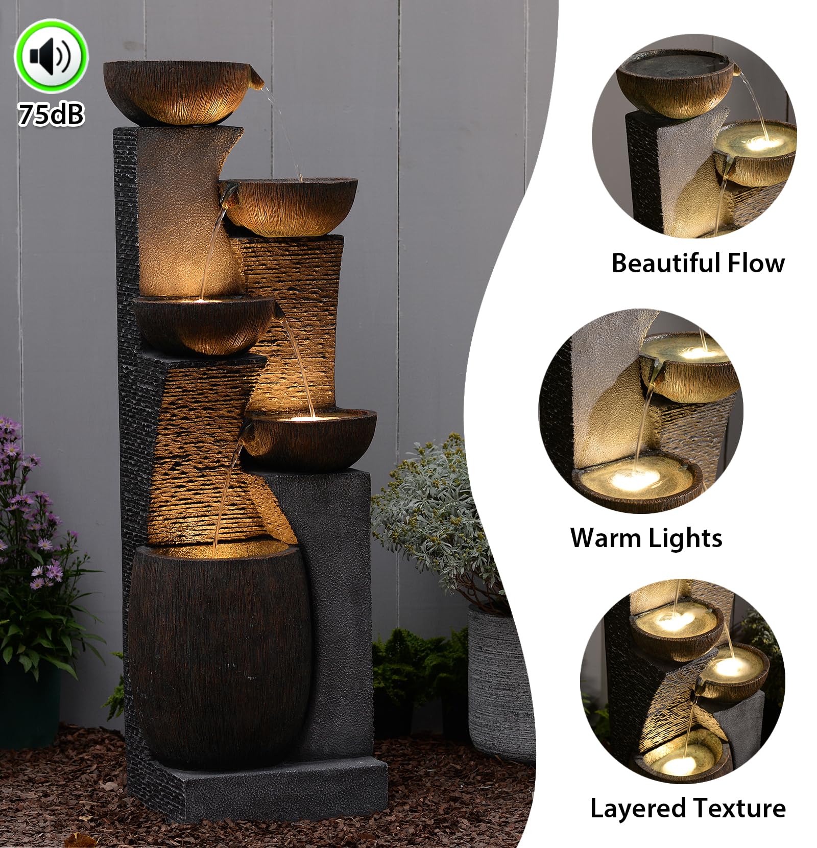 Bumilgar 130cm Großer Gartenbrunnen Springbrunnen für Außen mit LED Beleuchtung, 5-stufiger Wasserspiel Wasserfall Brunnen für Garten,Balkon,Terrasse,Grau