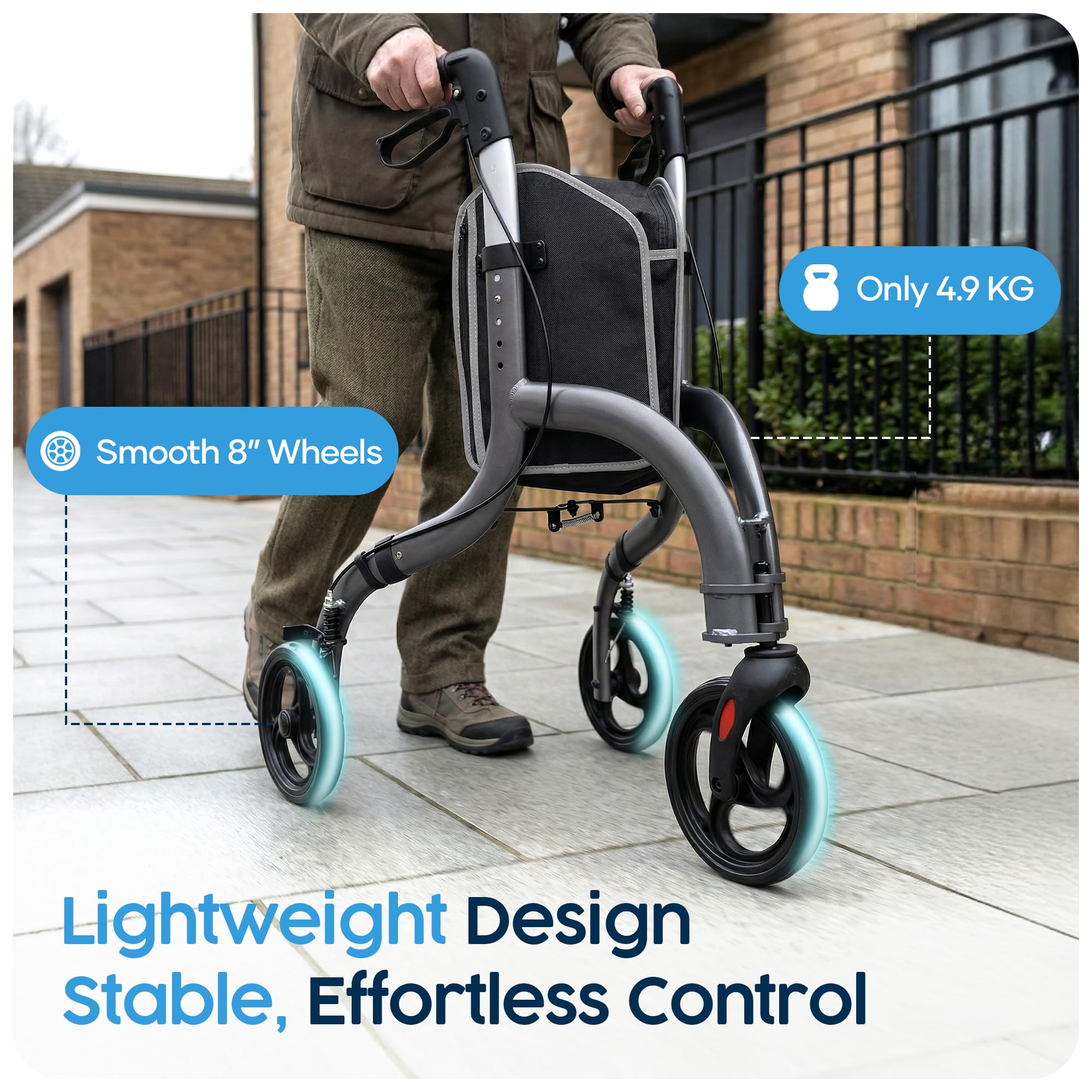 Eazy Elite Tri Walker, deambulatore leggero a 3 ruote per anziani, supporto stabile per la mobilità con manici regolabili, telaio compatto per uso interno ed esterno