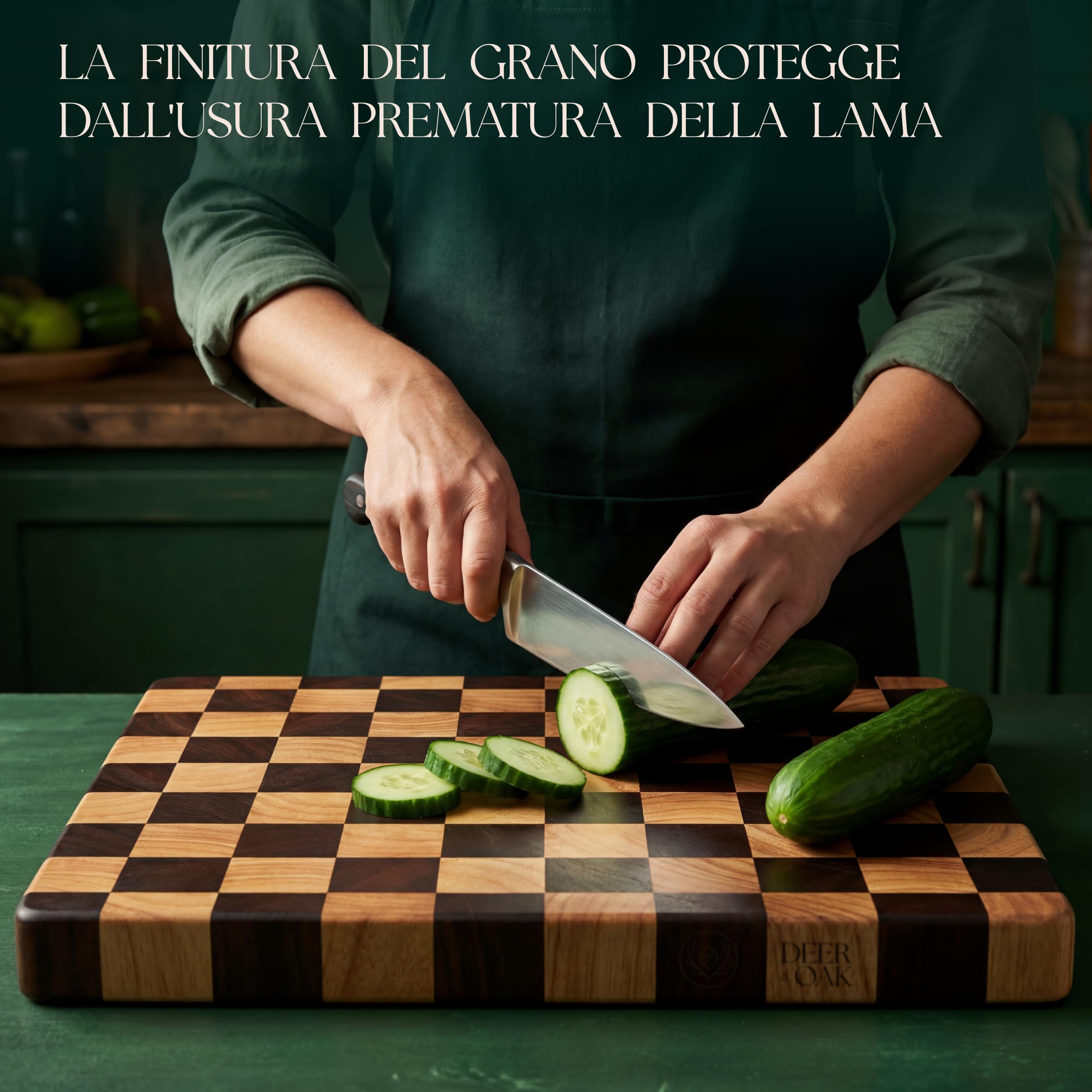 Deer & Oak Tagliere in acacia legno di punta motivo scacchiere e olio alimentare – 45 x 31 x 3,5 cm, blocco macellaio FSC pre-oliato con maniglie, tavola antipasto