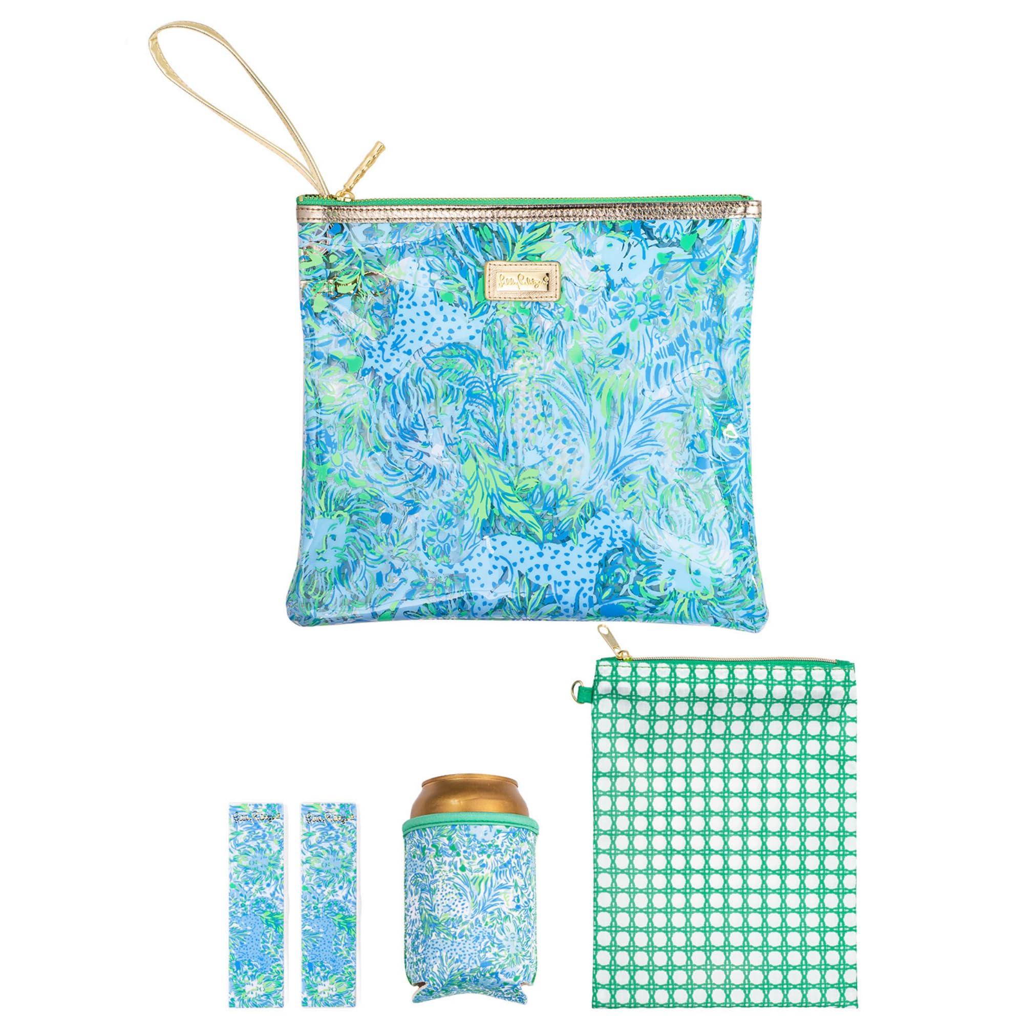 Lilly Pulitzer Water Resistant Vinyl Beach Day Pouch, Zipper Bag Includes Drink Hugger, Small Pouch, and Towel Clips
