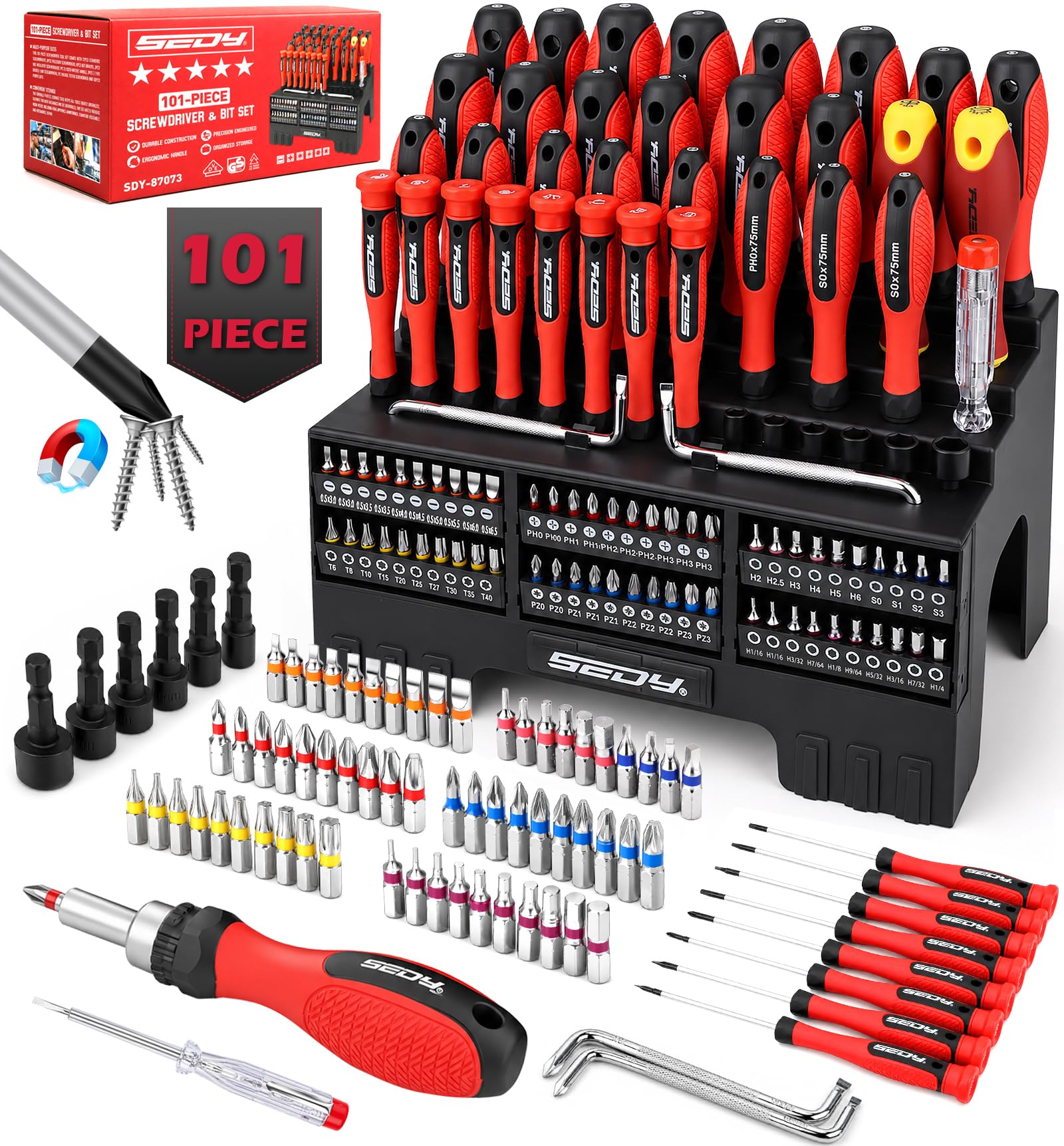 101-Piece Magnetic Screwdriver Set with 60 Bits, Ratchet and Storage Rack | 72-tooth ratc…