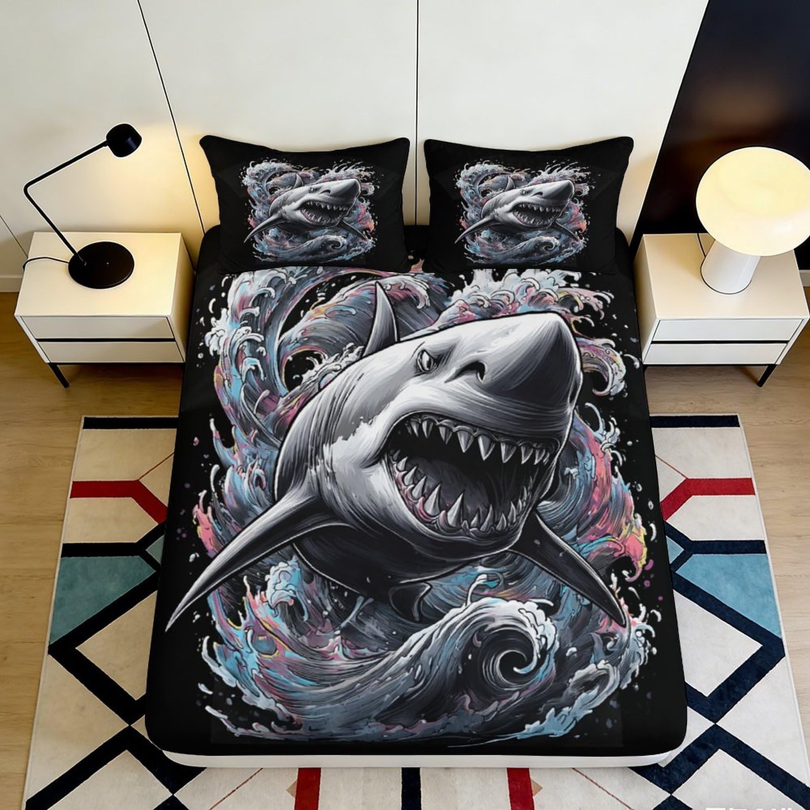 3D Printed Shark Ocean Wave Fitted Sheet Microfiber Soft Breathable Sea Predator Bed Cover for Bedroom Dorm Mattress Protection Decor 120x200x25cm