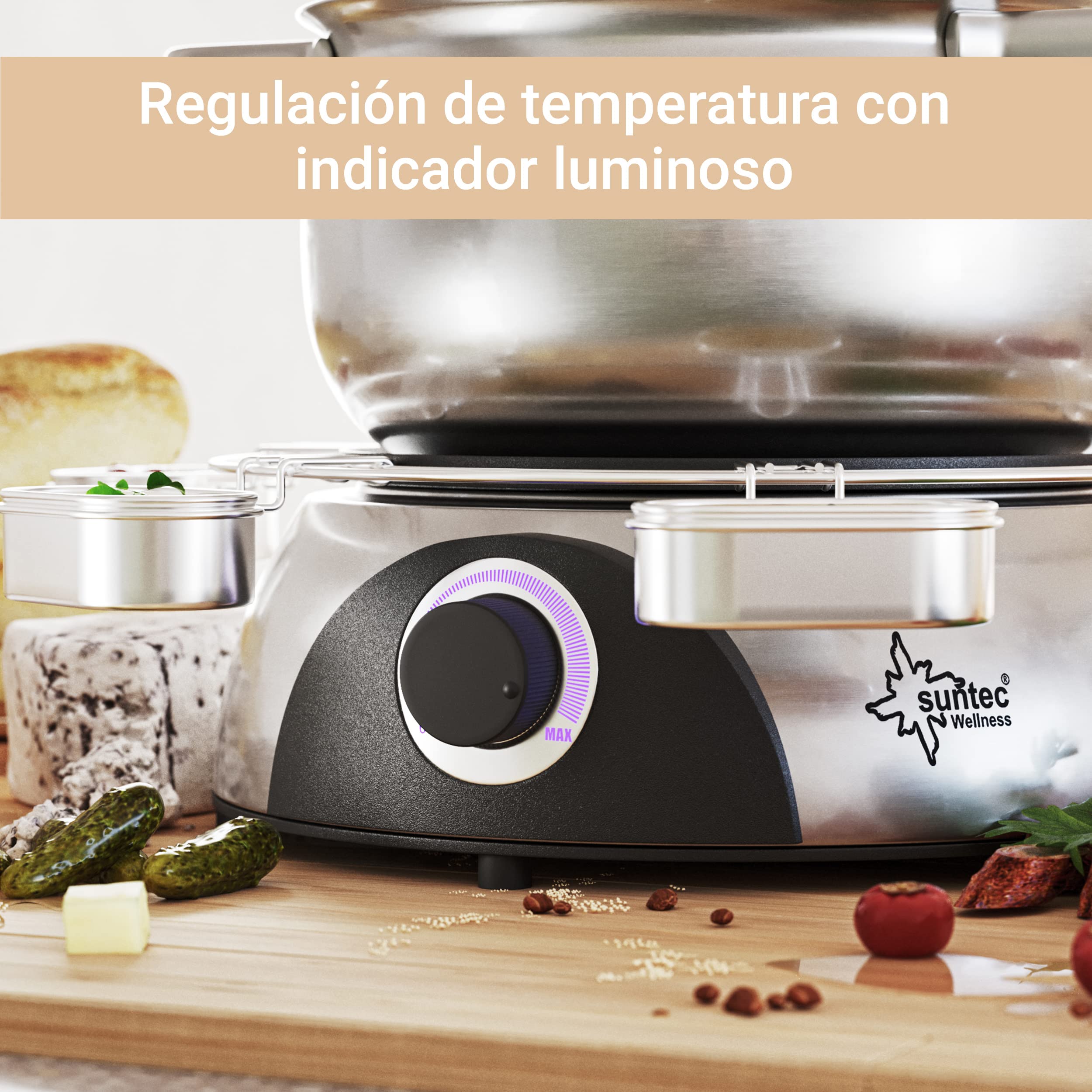SUNTEC Fondue eléctrica para 8 personas – Tenedores + antisalpicaduras + soporte para salsas – Alternativa a la raclette – Olla para queso + chocolate + grasa – Fondue de acero inoxidable FON-8014 V2A