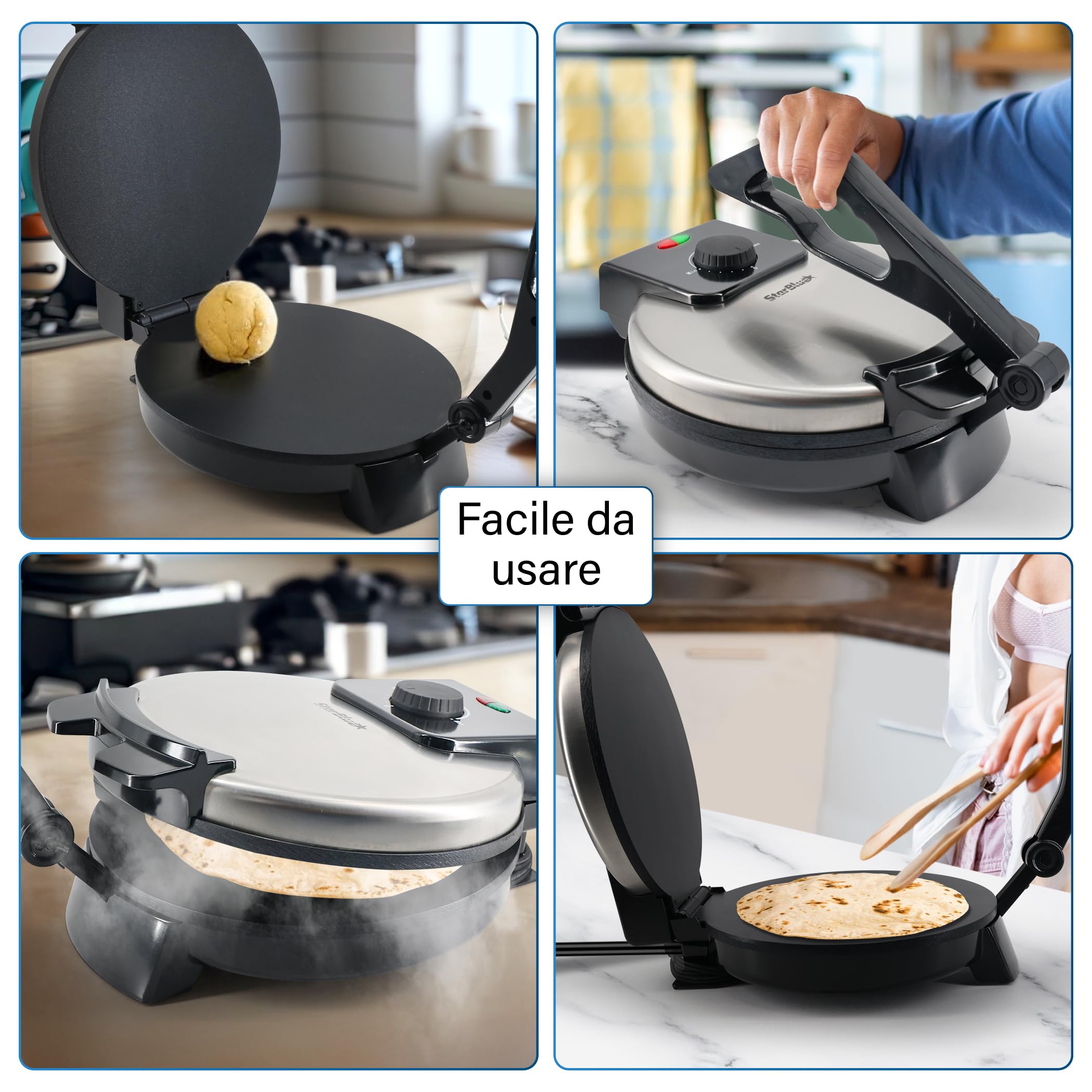 StarBlue Roti-Maker 25,4 cm con riscaldatore Roti gratuito e manico rimovibile - Indian Chapati Tortilla, Roti AC220-240 V 50/60 Hz 1200 W, spina europea