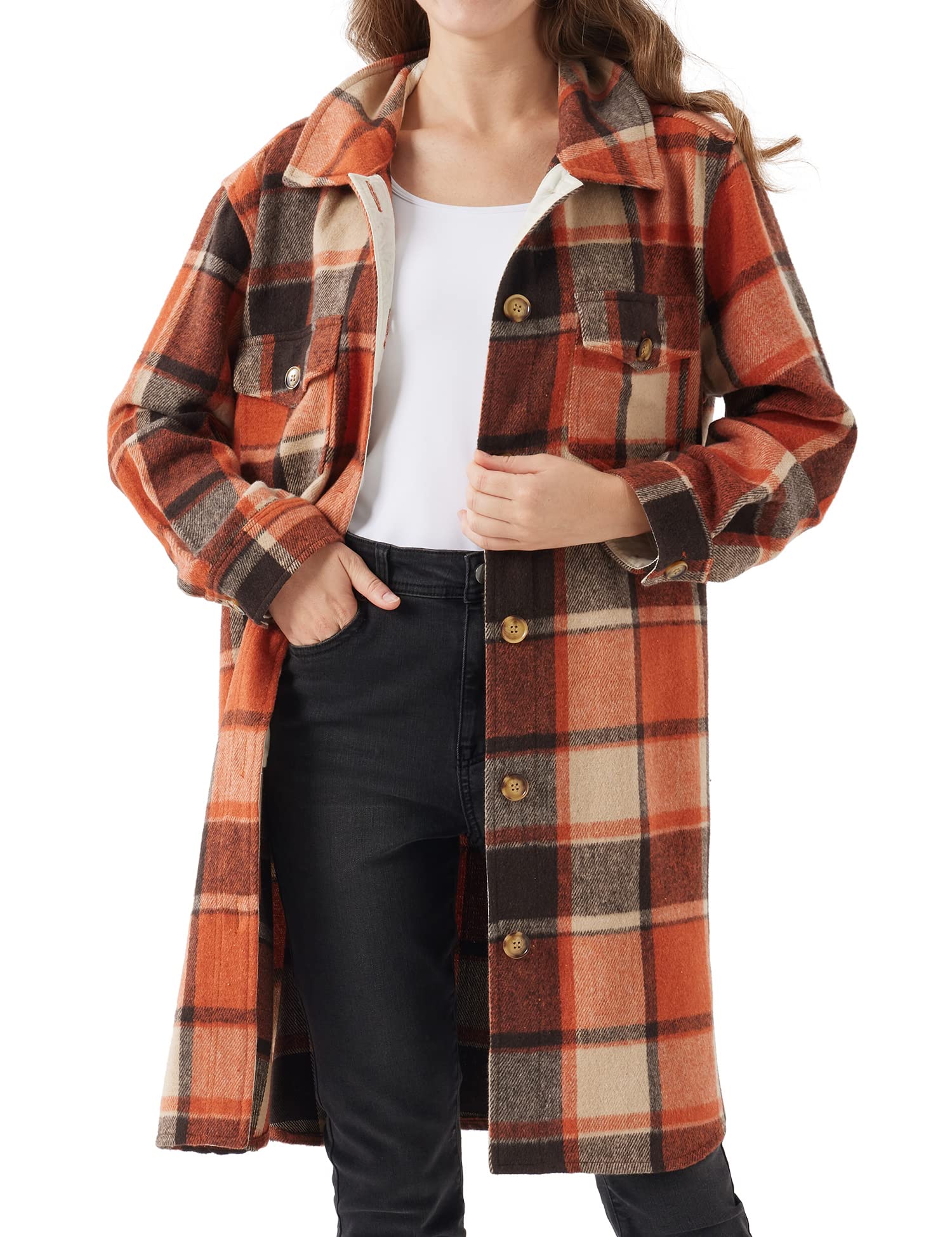 URBESTWomen's Long Plaid Shacket, Lapel Button Down Shirt, Oversized Long Sleeve Jacket Side Pocket Knee Length Brushed Coat