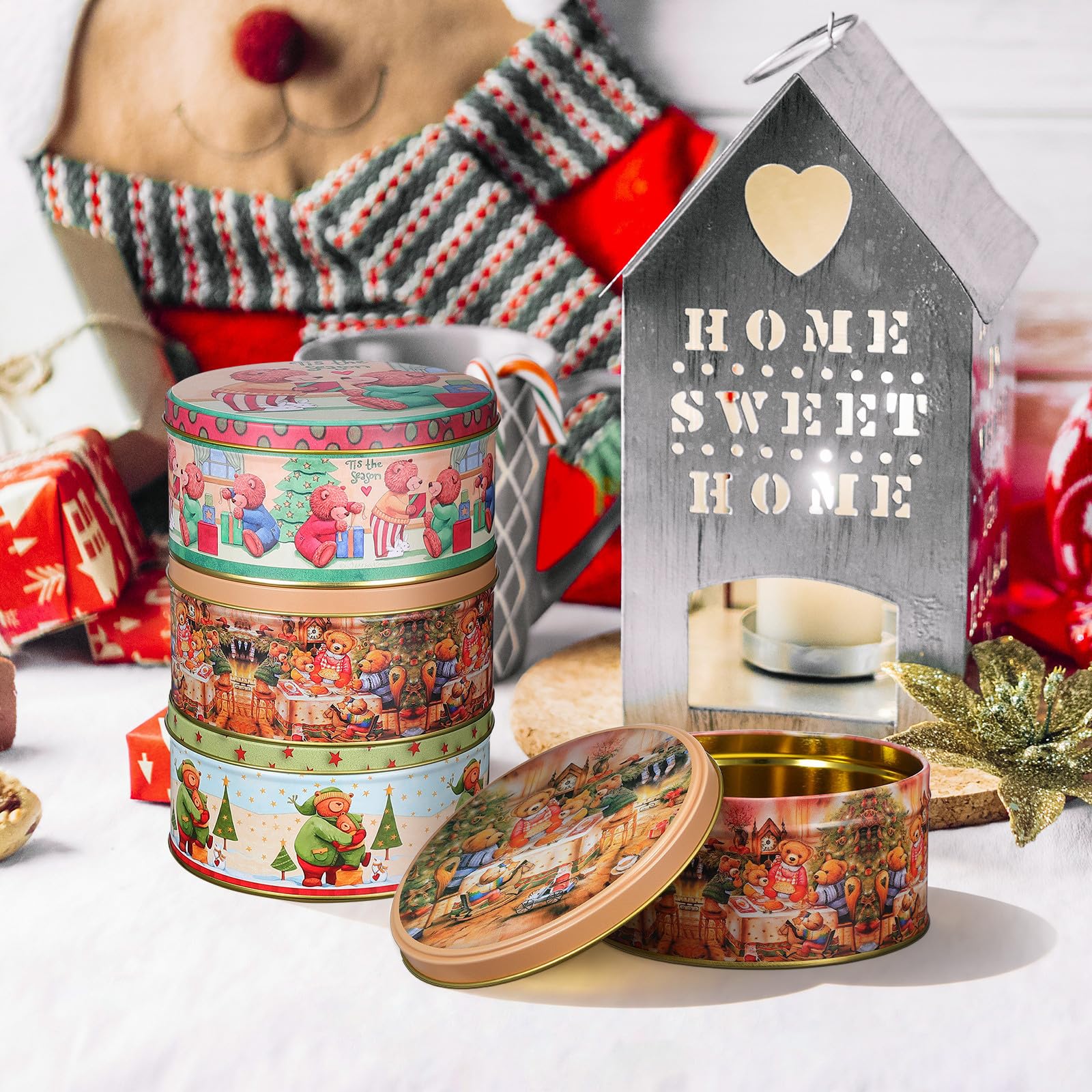 ibasenice Set de 4 Cajas de Hojalata Navideñas para Dulces Diseño Creativo y Tapa, Ideales para Fiestas de Navidad y Almacenamiento Decorativo Varios estilos