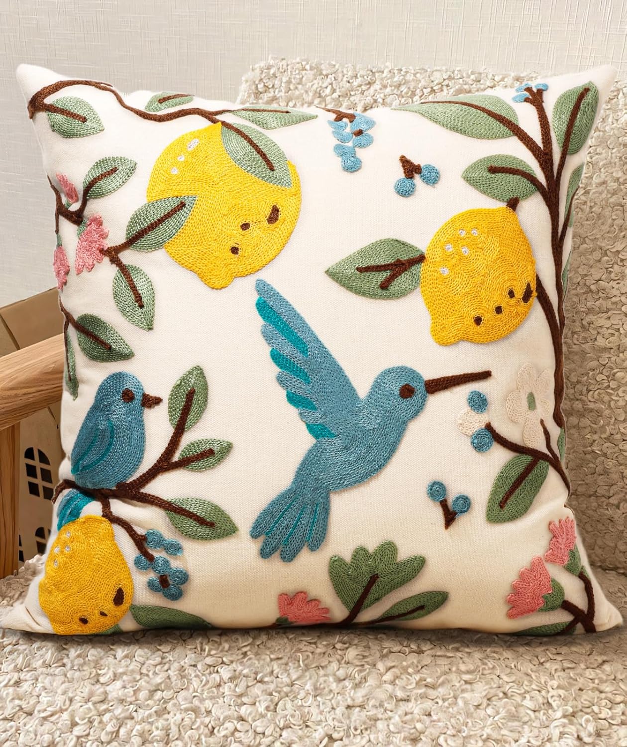 Kokaaee Embroidered Bird Lemon Throw Pillow Cover 18x18 Inch - Boho Spring Summer Decor Zipper Cushion Case for Couch Sofa Bed