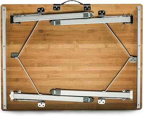 Miniatura 6 de Camco Mesa plegable  Cuenta con parte superior de bambú natural y patas de aluminio plegables para almacenamiento y organización de caravanas