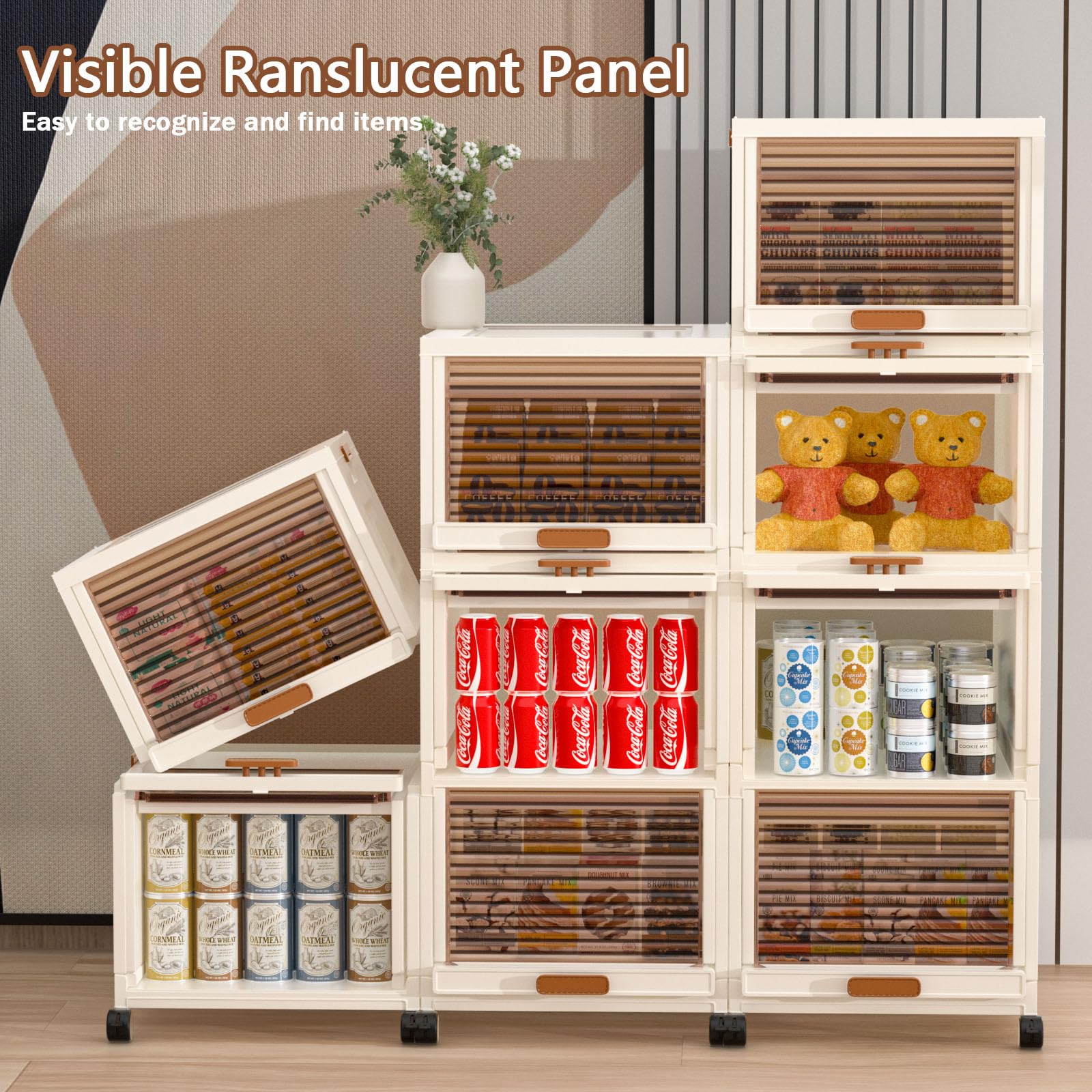 NIRIAHO Stackable Storage Drawers, 3 Tier Plastic Storage Bins with Drawers, Dual Way Opening Closet Organizers and Storage, 31 Gal Collapsible Snack Cabinet, Stackable Storage Bins with Wheels(Brown)