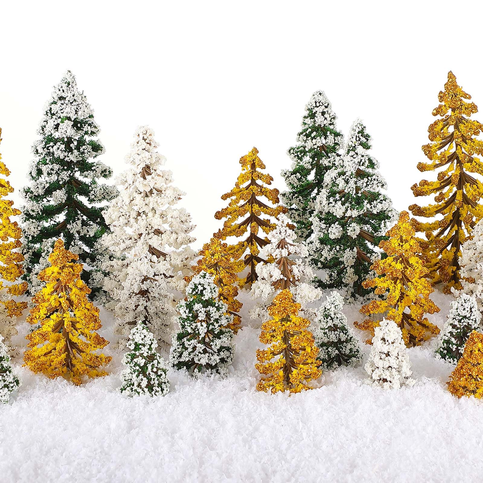 Skylety 35 Pcs Miniature Model Trees,Dark Green, Gold, White,Snowy Cedar
