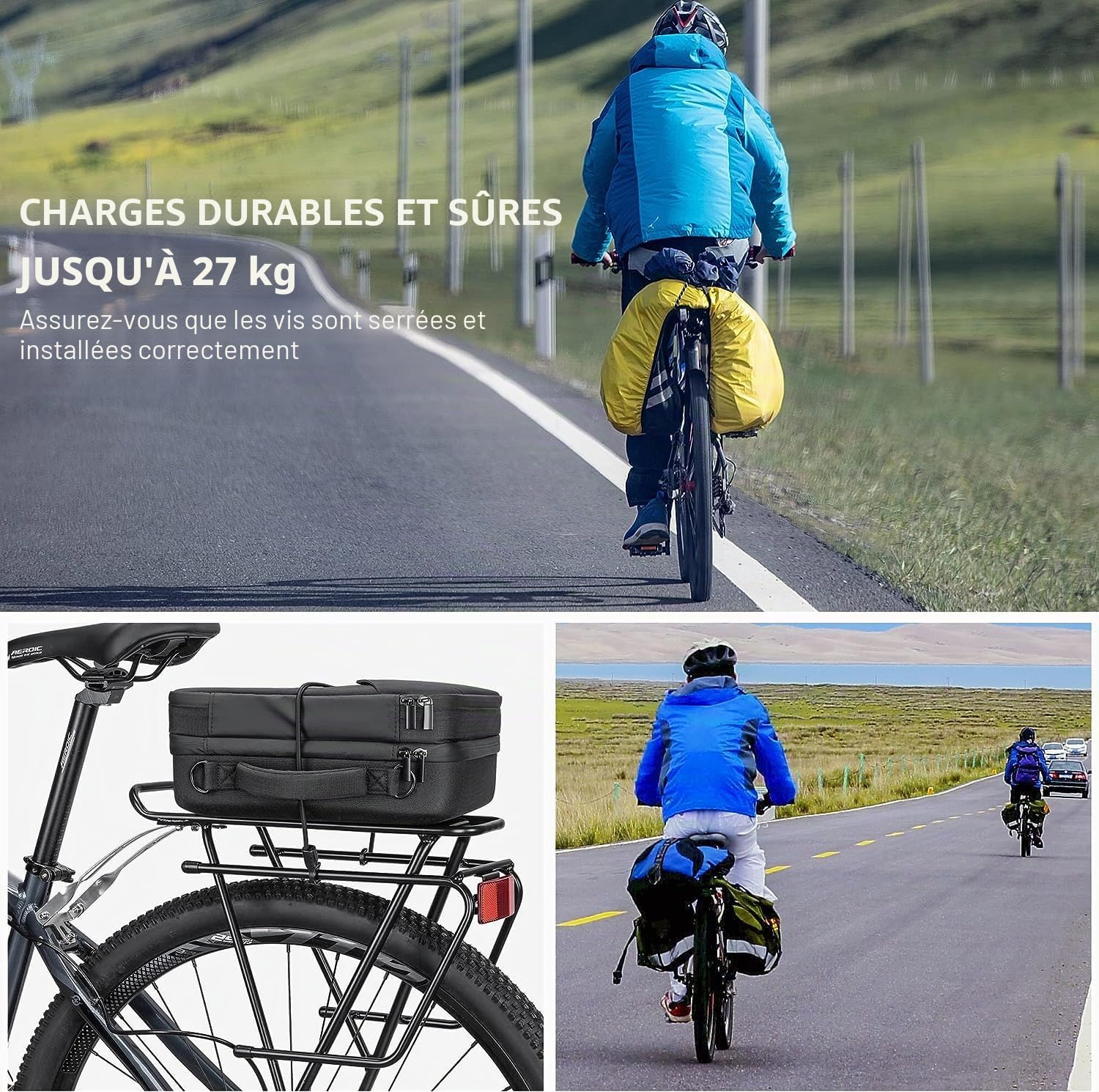 Kadacha Porte-Bagages vélo pour Frein à Disque/Non-Frein à Disque, Porte-Bagages Touring adapté pour 26-29 Pouces avec réflecteur et Charge maximale 30kg