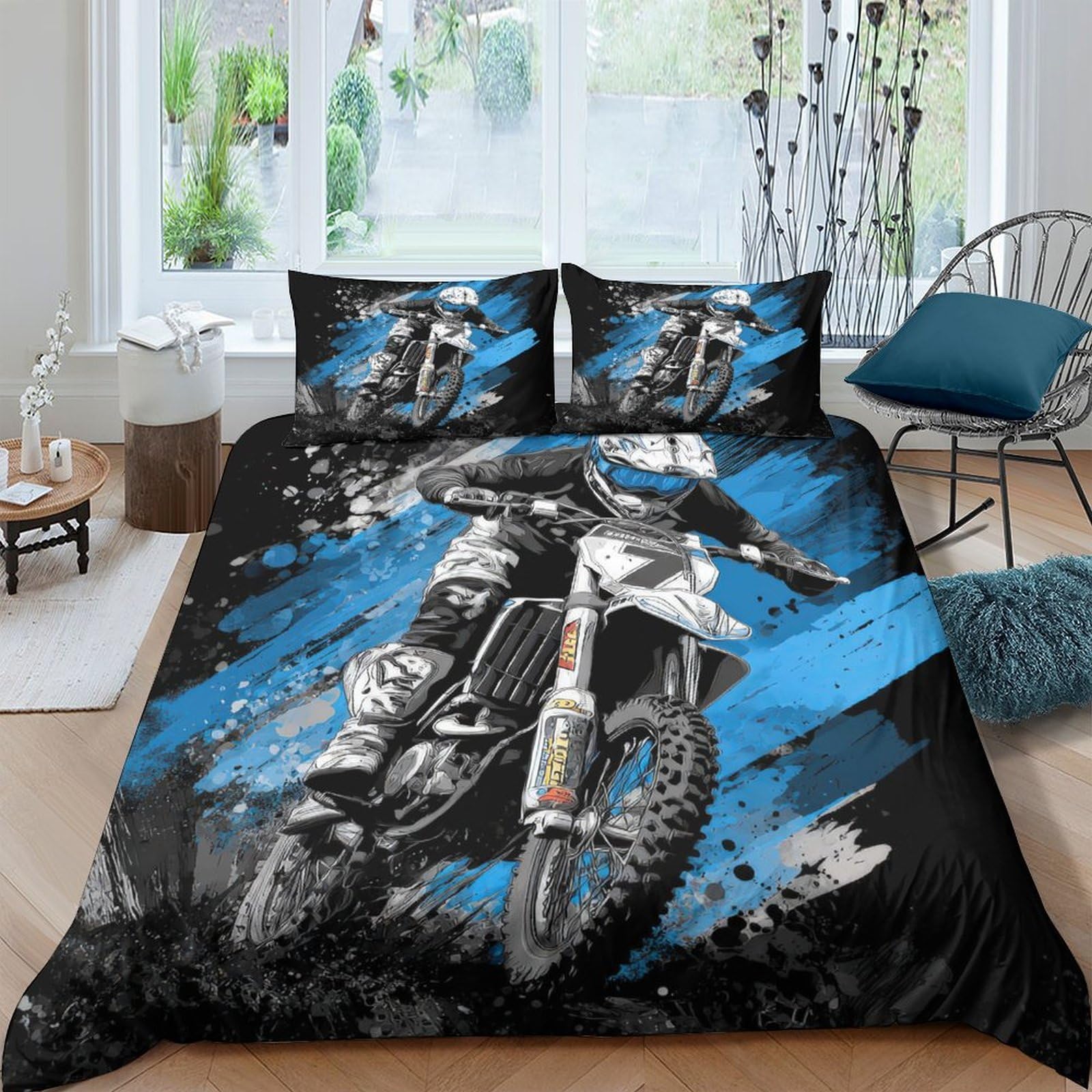 XFKLYNVCJ 3D Printed Motocross rider Comforter Cover Brushed Microfiber Action sports illust Bed Cover Machine Washable No Iron for Student Dormitory College Bedroom Use Single（135x200cm）