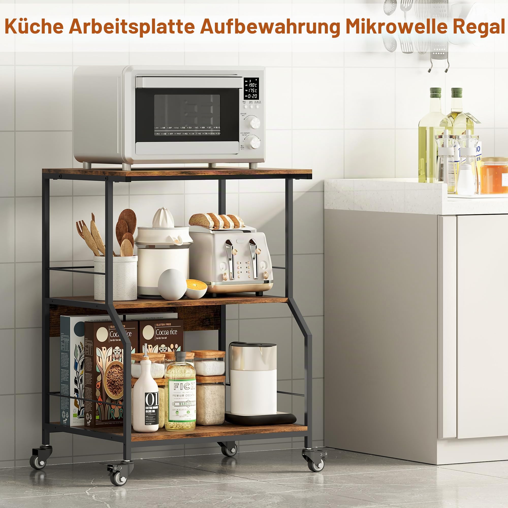 TQVAI Druckertisch mit Rollen 3-Stufig Groß Holz Druckerständer Schreibtisch Aufbewahrungsregal Printer Table für Zuhause Büro Küche Schule, Schwarz/Antik