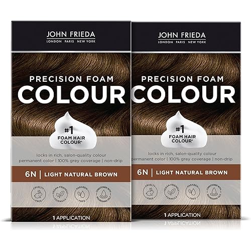 John Frieda Precision Foam Colour, Light Natural Brown 6N, Full-coverage Hair Color Kit, Anti-Fade Gray Coverage, Deep Color Saturation Hair Dye, Pack of 2