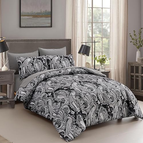 Miniatura 2 de DJY Juego de edredón de cachemira negro, tamaño Queen, 7 piezas en una bolsa, juego de edredón reversible de microfibra suave y ligera para todas