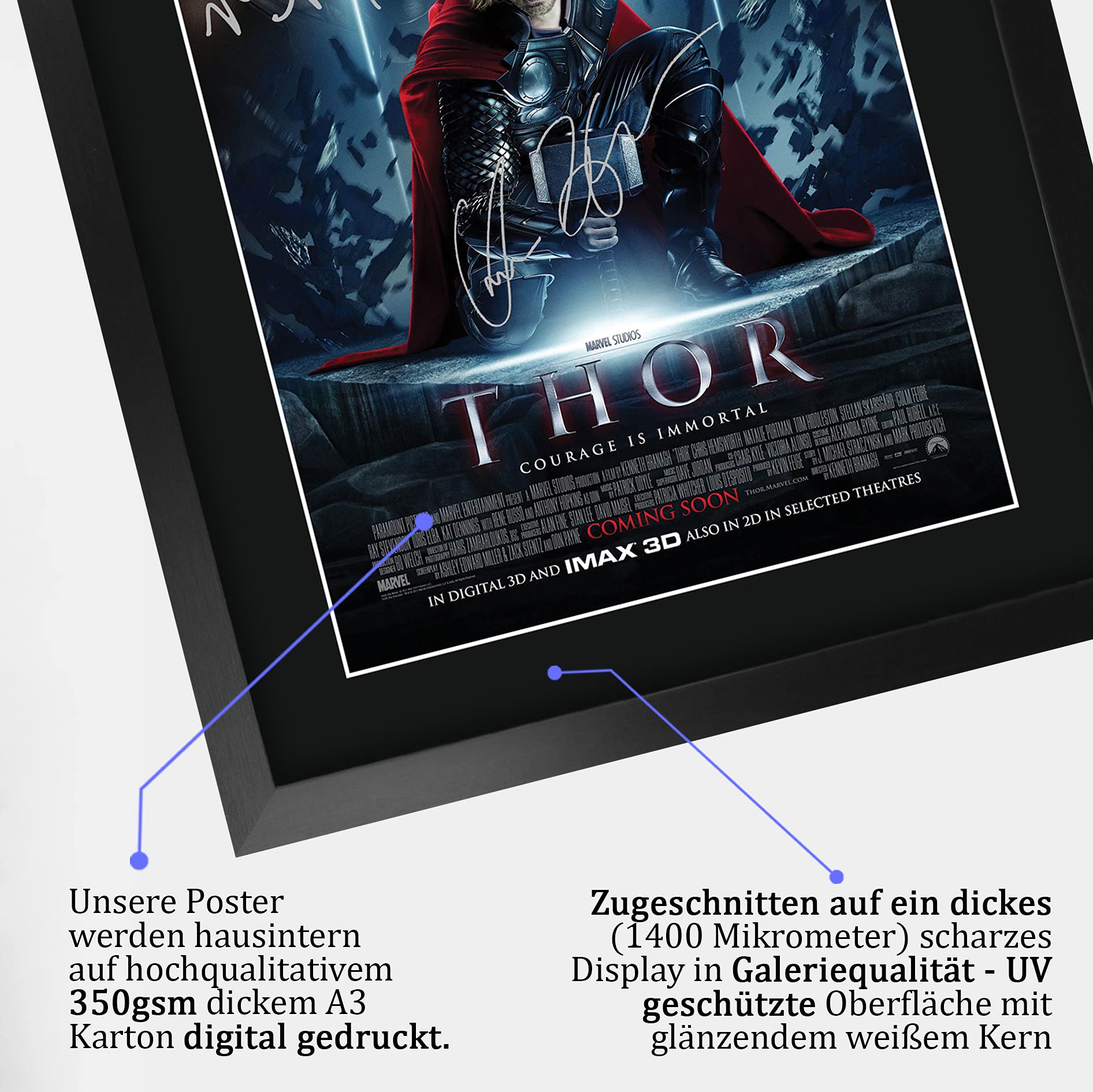 HWC Trading Thor A3 Gerahmte Signiert Gedruckt Autogramme Bild Druck-Fotoanzeige Geschenk Für Chris Hemsworth Natalie Portman Idris Elba Tom Hiddleston Anthony Hopkins Filmplakat Fans
