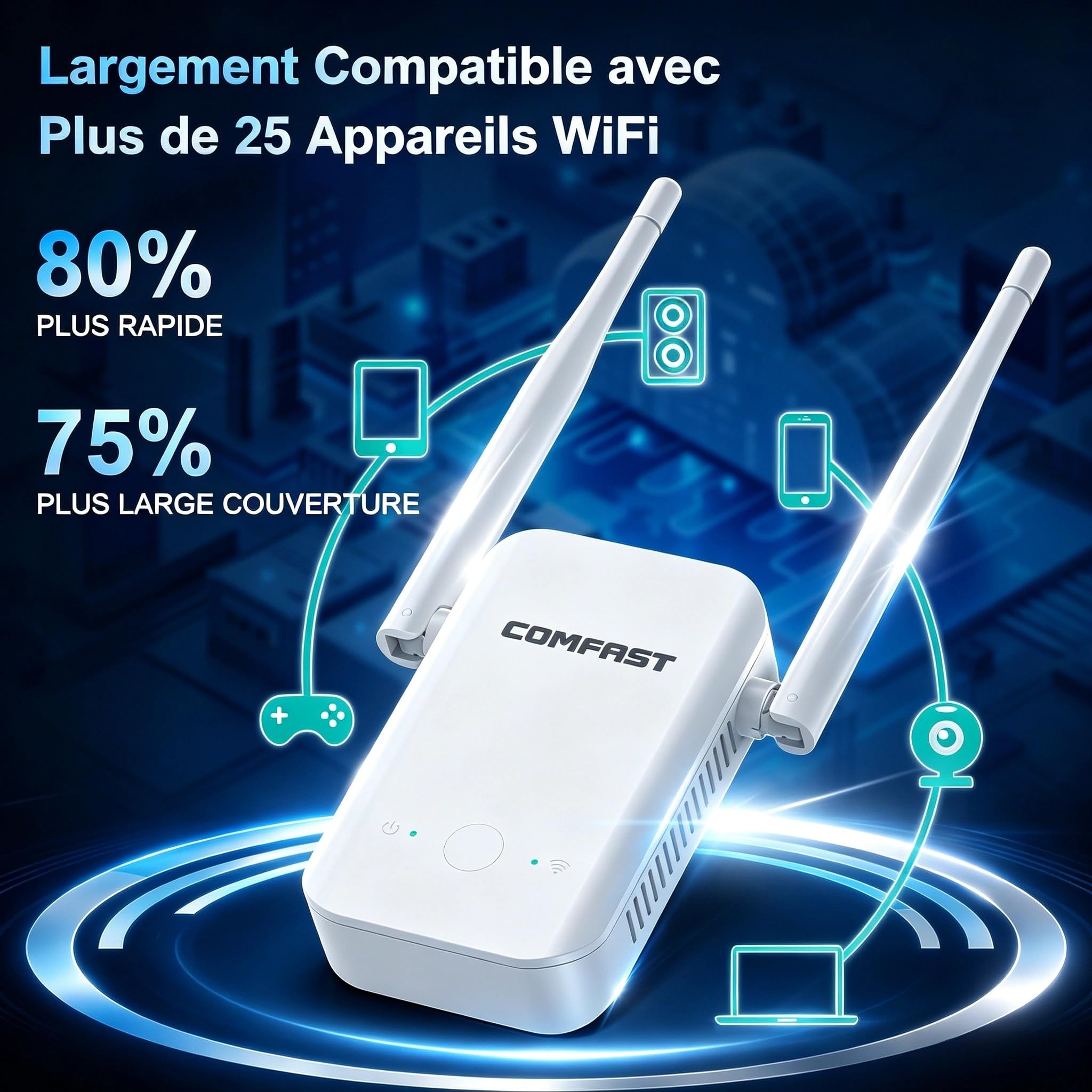 COMFAST Répéteur WiFi Puissant, N300 Mbps Amplificateur WiFi 2,4GHz Repetiteur WiFi Puissant sans Fil avec 2 Antennes, WPS Fonction, Extender WiFi Compatible avec Toutes Les Box Internet