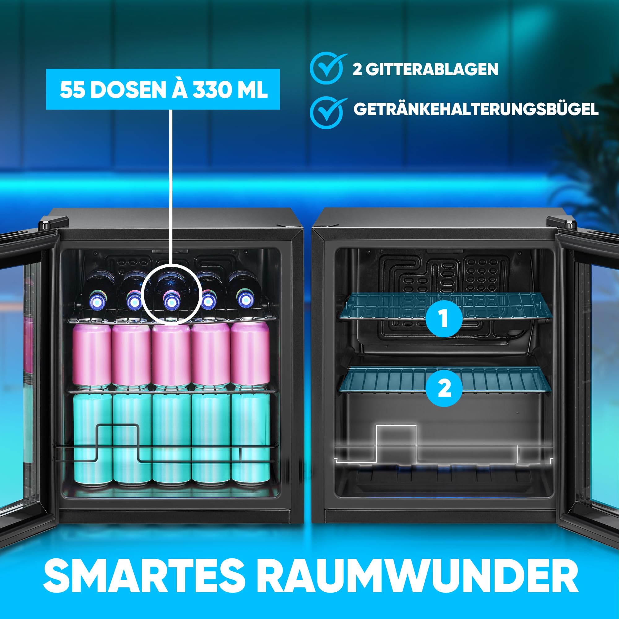 Bomann KSG 7291 Getränkekühlschrank 46L Glastür 42dB leise Mini Kühlschrank