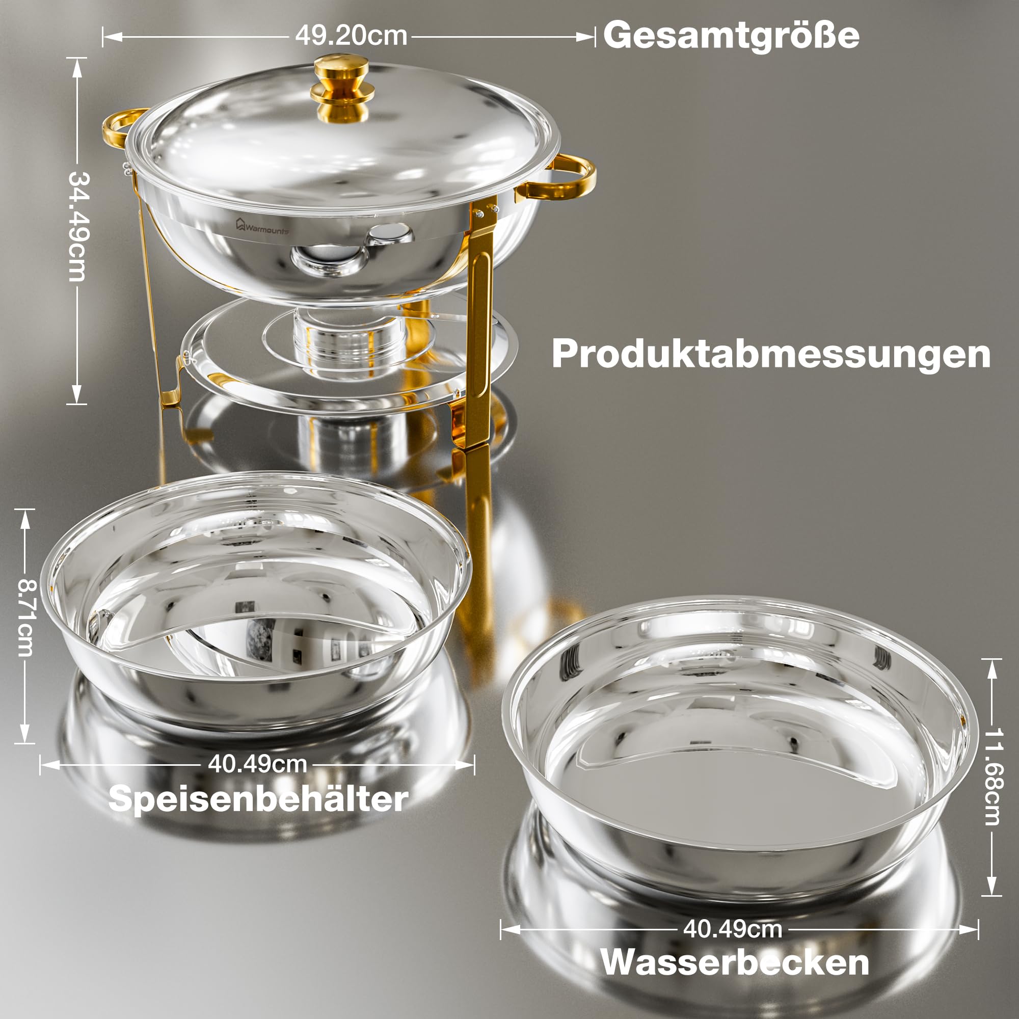 WARMOUNTS Chafing Dish 2er Set 8,5L Silber & Gold, Speisenwärmer Buffet Rund Edelstahl mit Gold-Akzenten & Deckelhalter, Warmhaltebehälter Stapelbar Catering Rechaud für Partys, Hochzeiten & Events