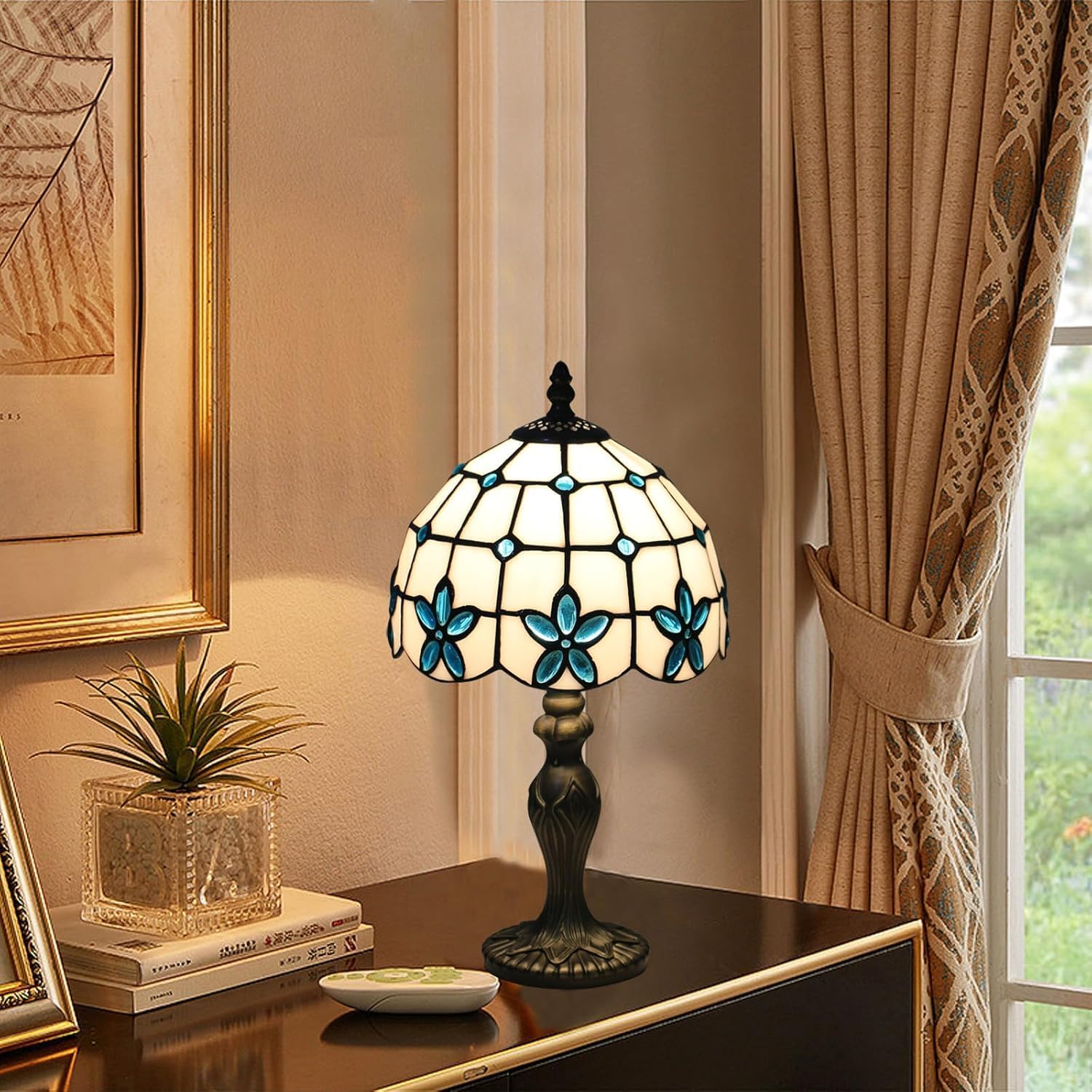 Tiffany Style Table Lamp, 8 Inch Stained Glass Lamp, Small Antique Table Lamp, Bedside Nightstand Lamp for Bedroom,Living Room Home Office, Blue Flower Pattern, Include LED Bulb