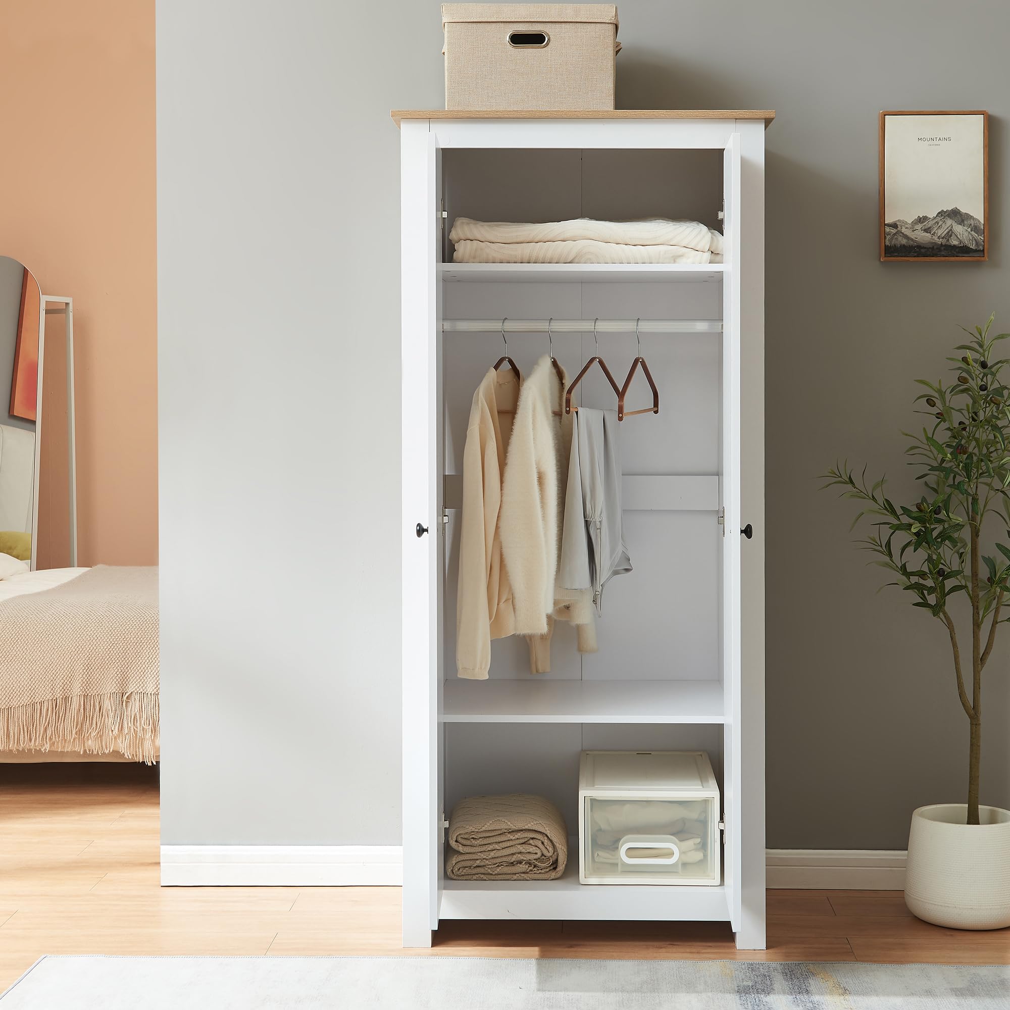 [en.casa] Armadio Chiuso per Guardaroba a 2 Ante con Barra Appendiabiti Armadio con Scomparti Portaoggetti Asta Porta Abiti per Camera da Letto 175 x 80 x 52 cm - Bianco/Effetto Rovere