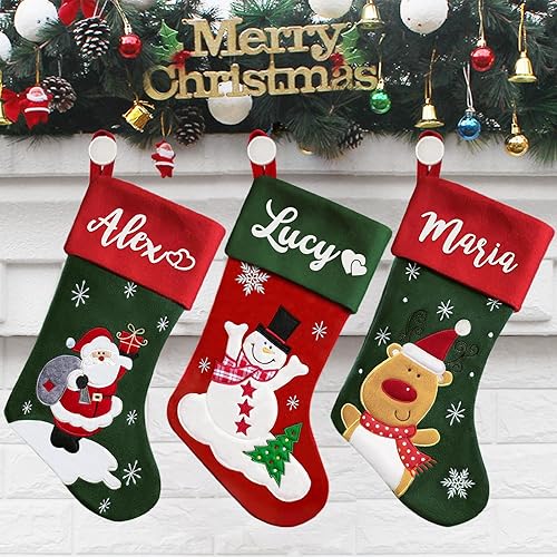 Novgarden Medias de Navidad personalizadas, calcetín de Navidad con nombre personalizado con muñeco de nieve 3D, alce, muñeca de Papá Noel, medias