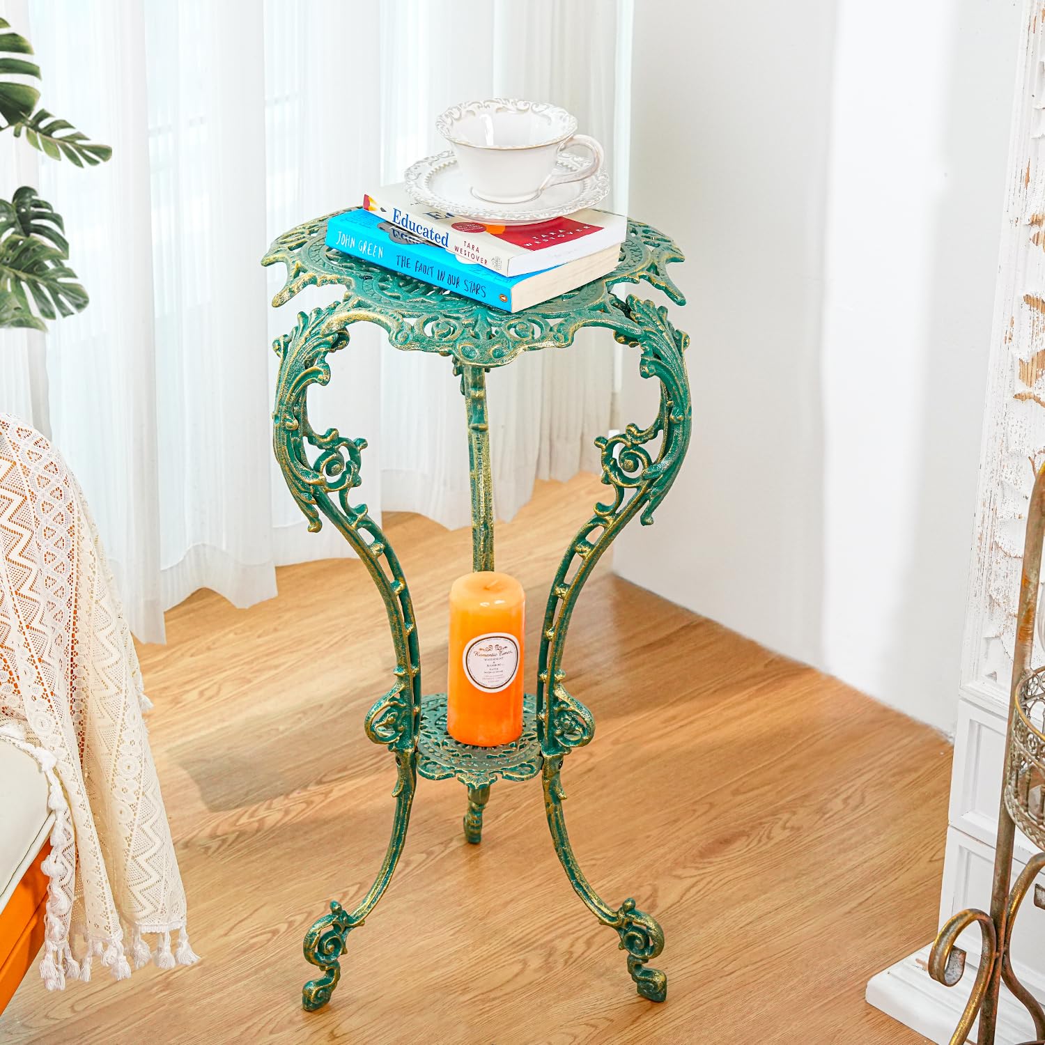 Sungmor Pflanzenständer aus Gusseisen im Vintage-Stil, kunstvoller grüner Standtisch für drinnen und draußen, 69,8 cm, antiker Metall-Blumentopfhalter, viktorianischer Stil, Pflanzenständer, Terrasse