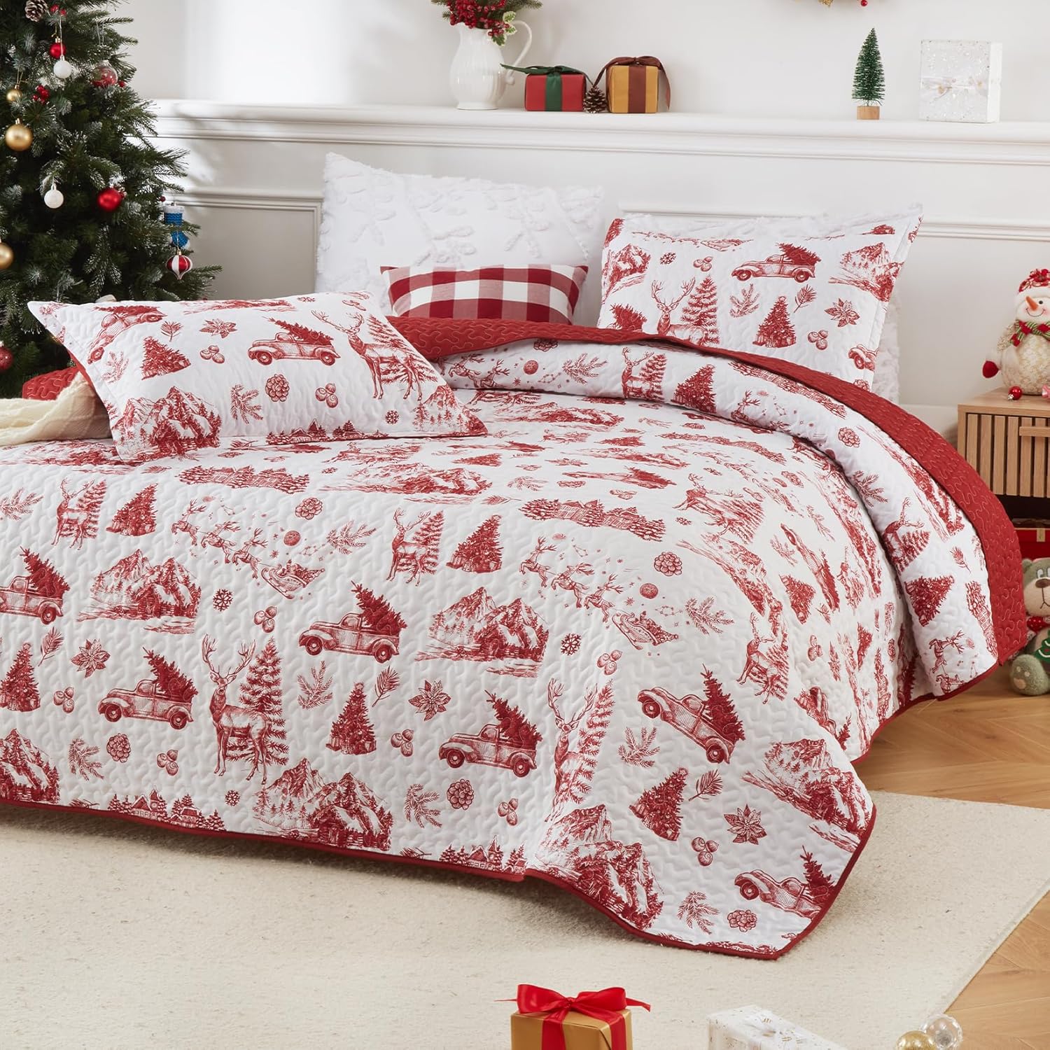 CAROMIO Christmas Quilt Set King Size, Reversible Printed 3 Pieces Quilts Coverlet Bed Set Holiday Decorative Bedding, Soft Microfiber Fabric, 1 Quilt and 2 Pillow Shams (‌Red, King)